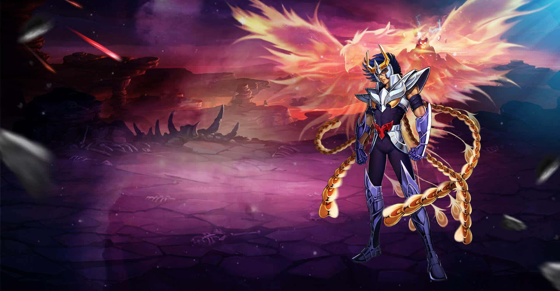 Phoenix Ikki, golden chain weapon, fiery cosmic backdrop, Full HD Desktop Wallpaper