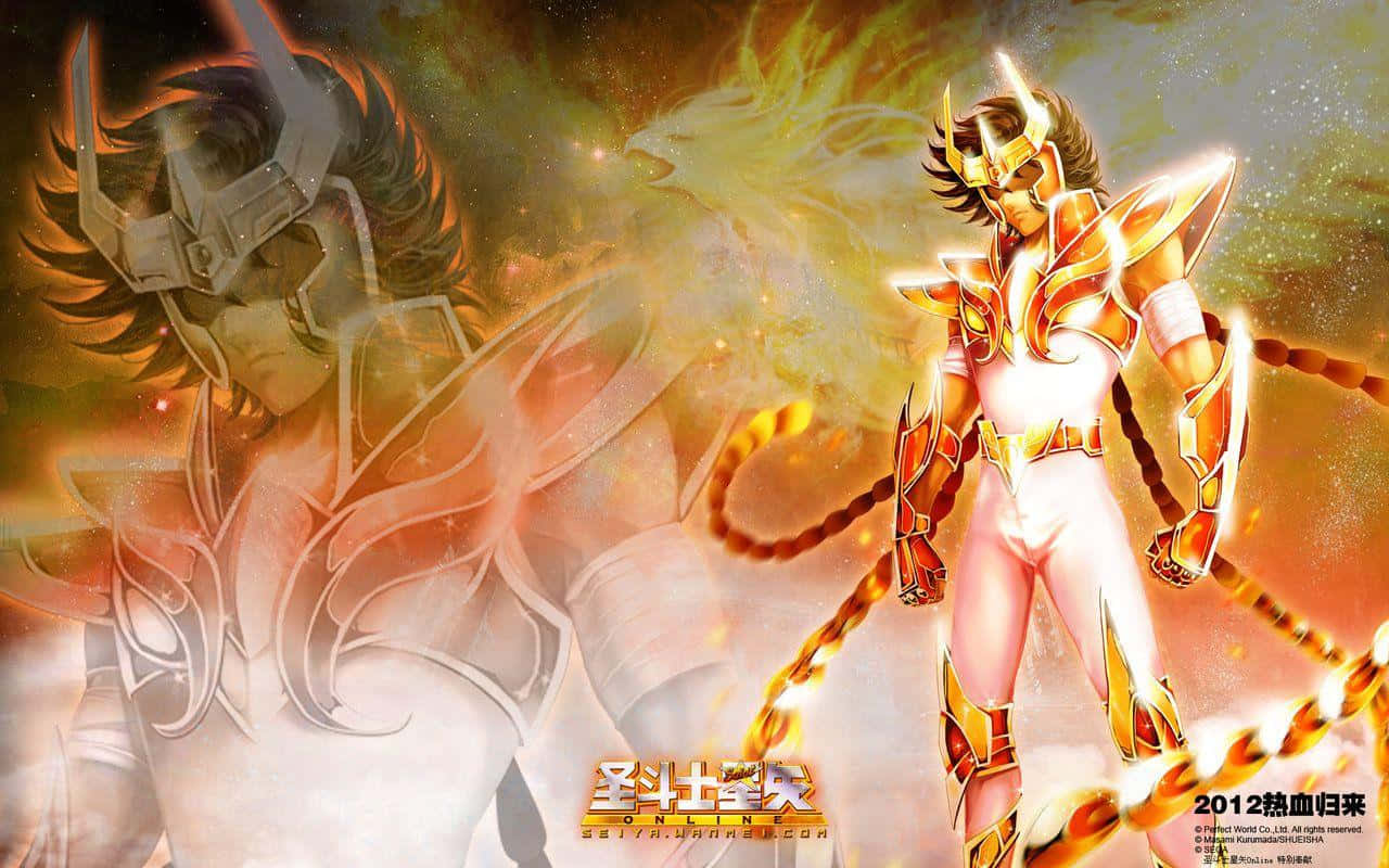 Phoenix Ikki, golden-armored anime warrior, fiery cosmic backdrop, HD Desktop Wallpaper