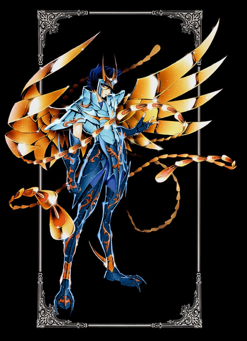 Phoenix Ikki, blue armored warrior, golden scorpion-like wings, SD Phone Wallpaper