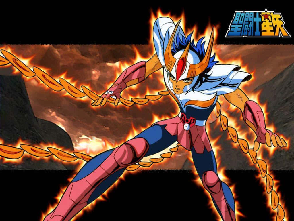 Fiery Phoenix Ikki, red blue and white armor, blazing golden chain, SD Desktop Wallpaper