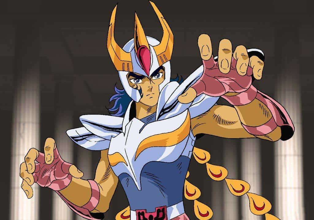 Phoenix Ikki, white gold and blue armor, battle stance, SD Desktop Wallpaper