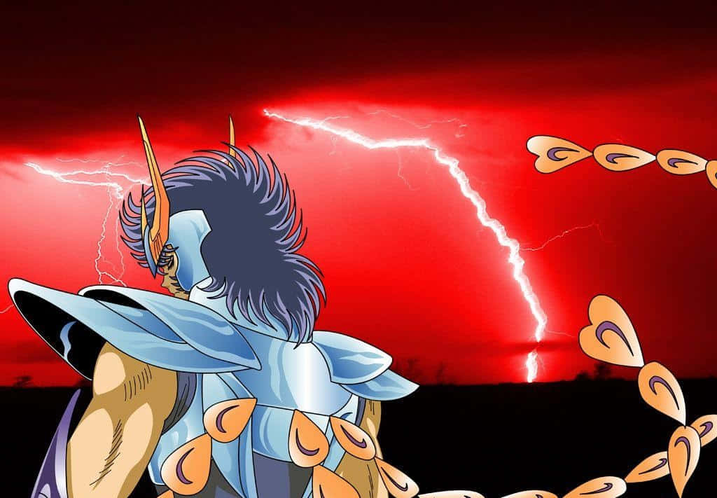 Phoenix Ikki, blue armor, vivid red sky, SD Desktop Wallpaper