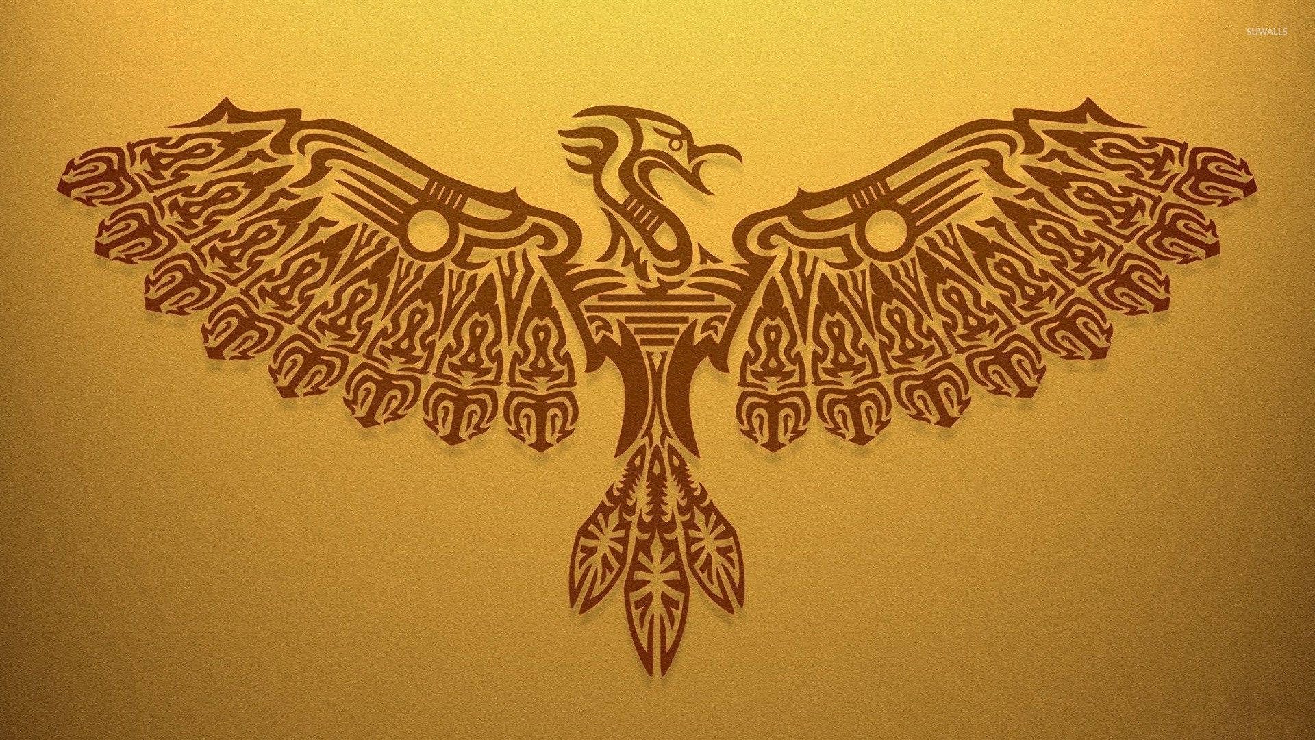 Phoenix, golden bird, tribal patterns, Full HD Desktop Wallpaper