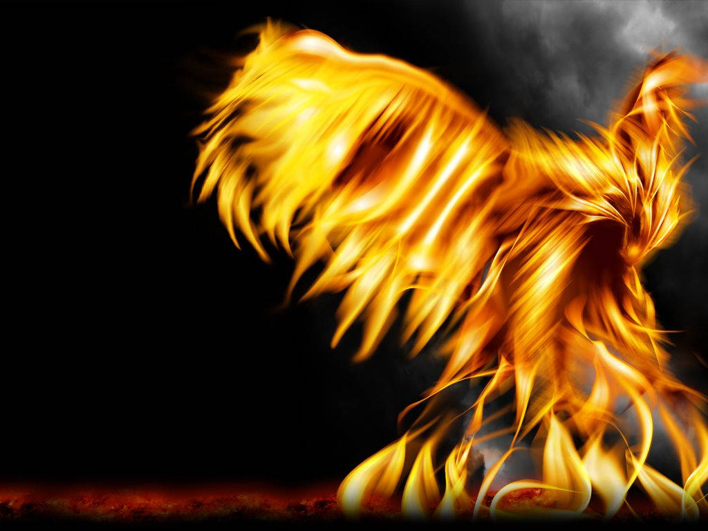 Fire Phoenix, orange and yellow flames, dark smoky backdrop, SD Desktop Wallpaper