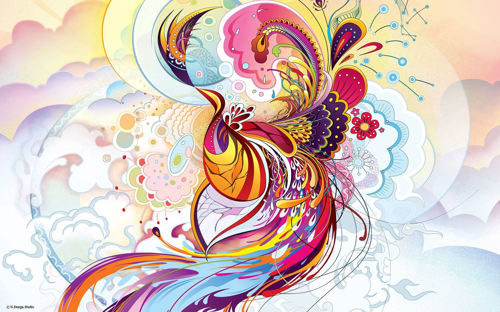 phoenix, multicolored feathers, swirling clouds, HD Desktop Wallpaper