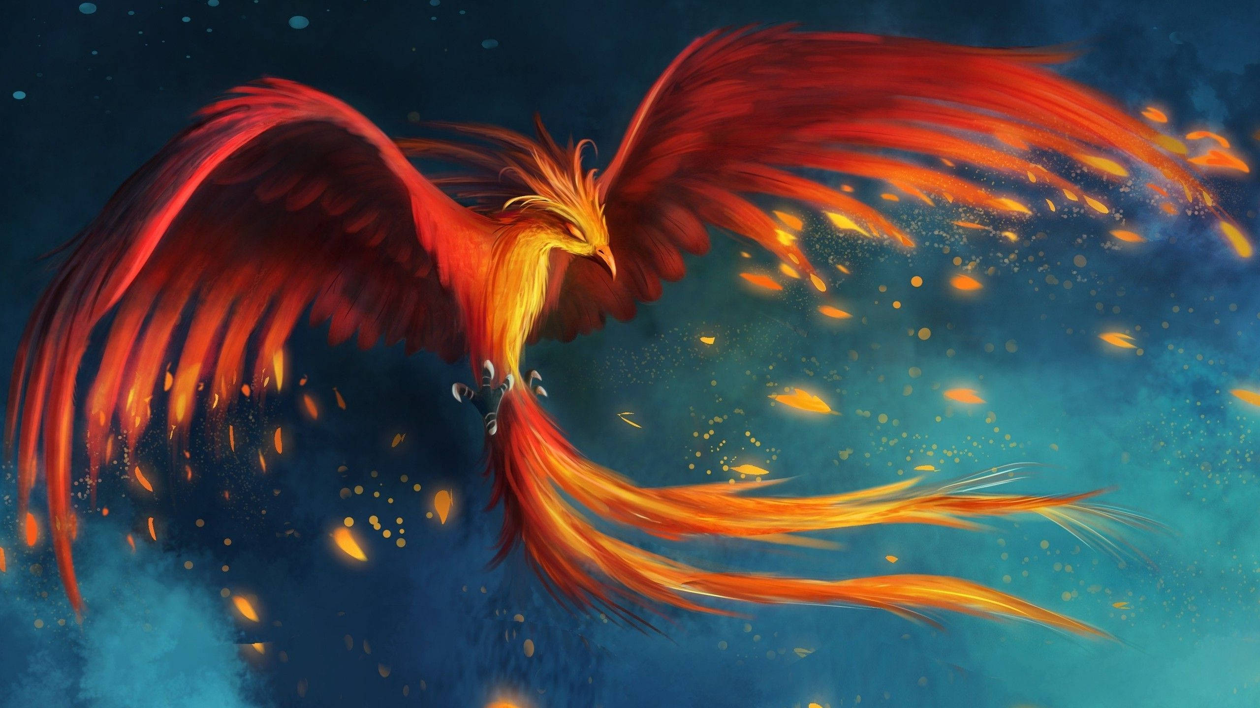 Phoenix, gold and red phoenix artwork, glowing orange wings, 2K Desktop Wallpaper
