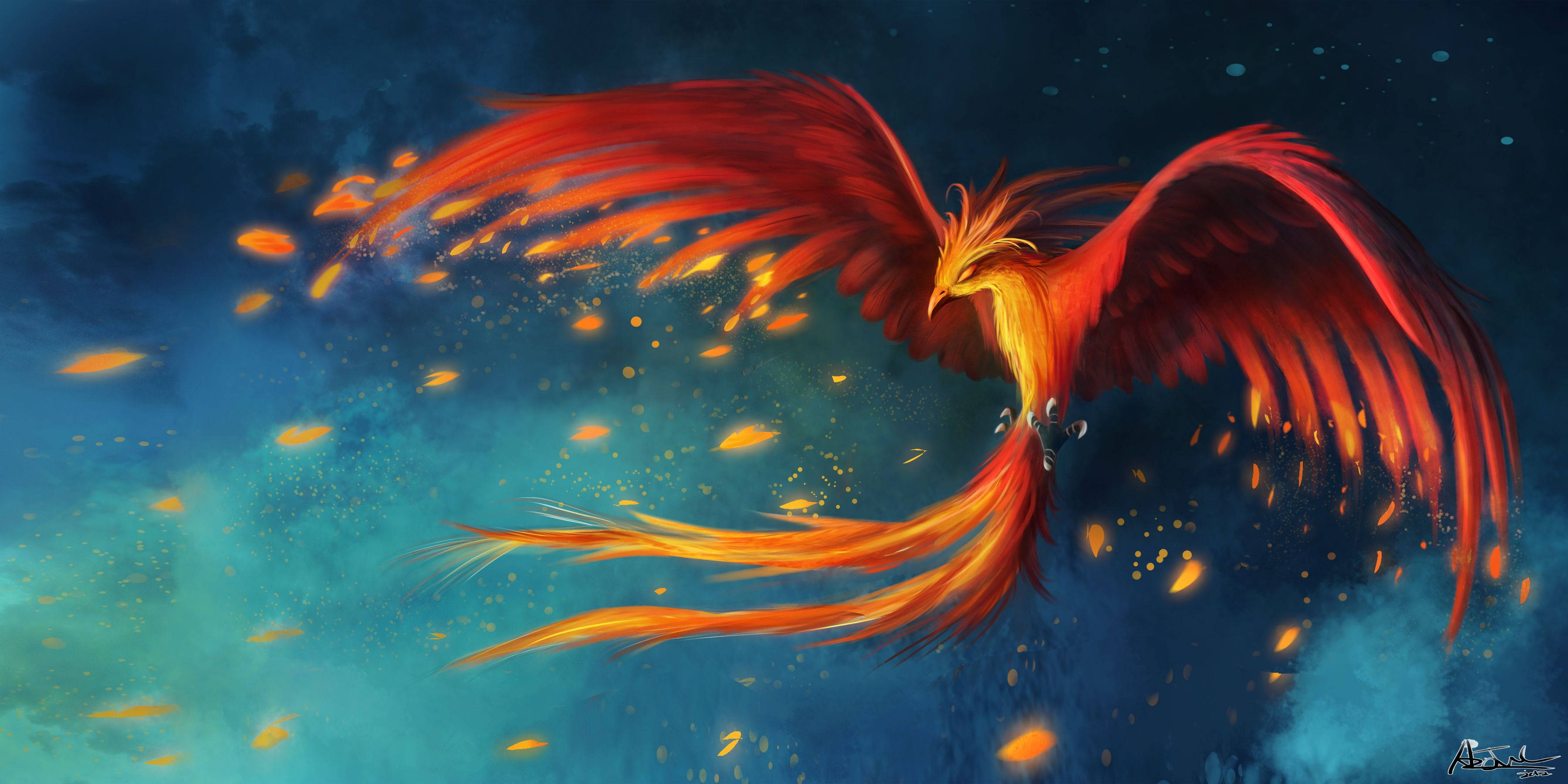 Phoenix, cosmic blue, teal nebula, 2K Desktop Wallpaper