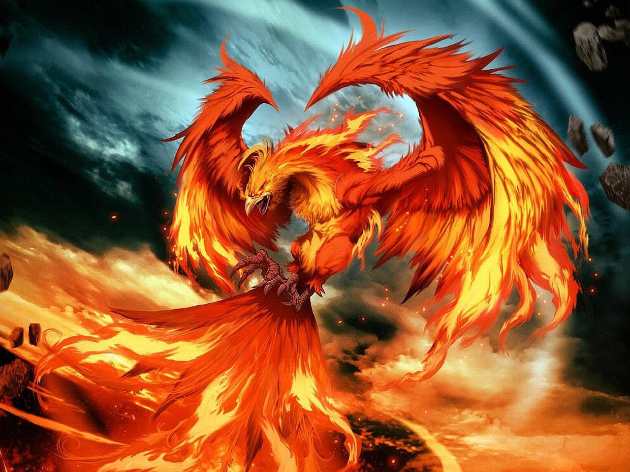 Phoenix, fiery phoenix, glowing orange wings, HD Desktop Wallpaper