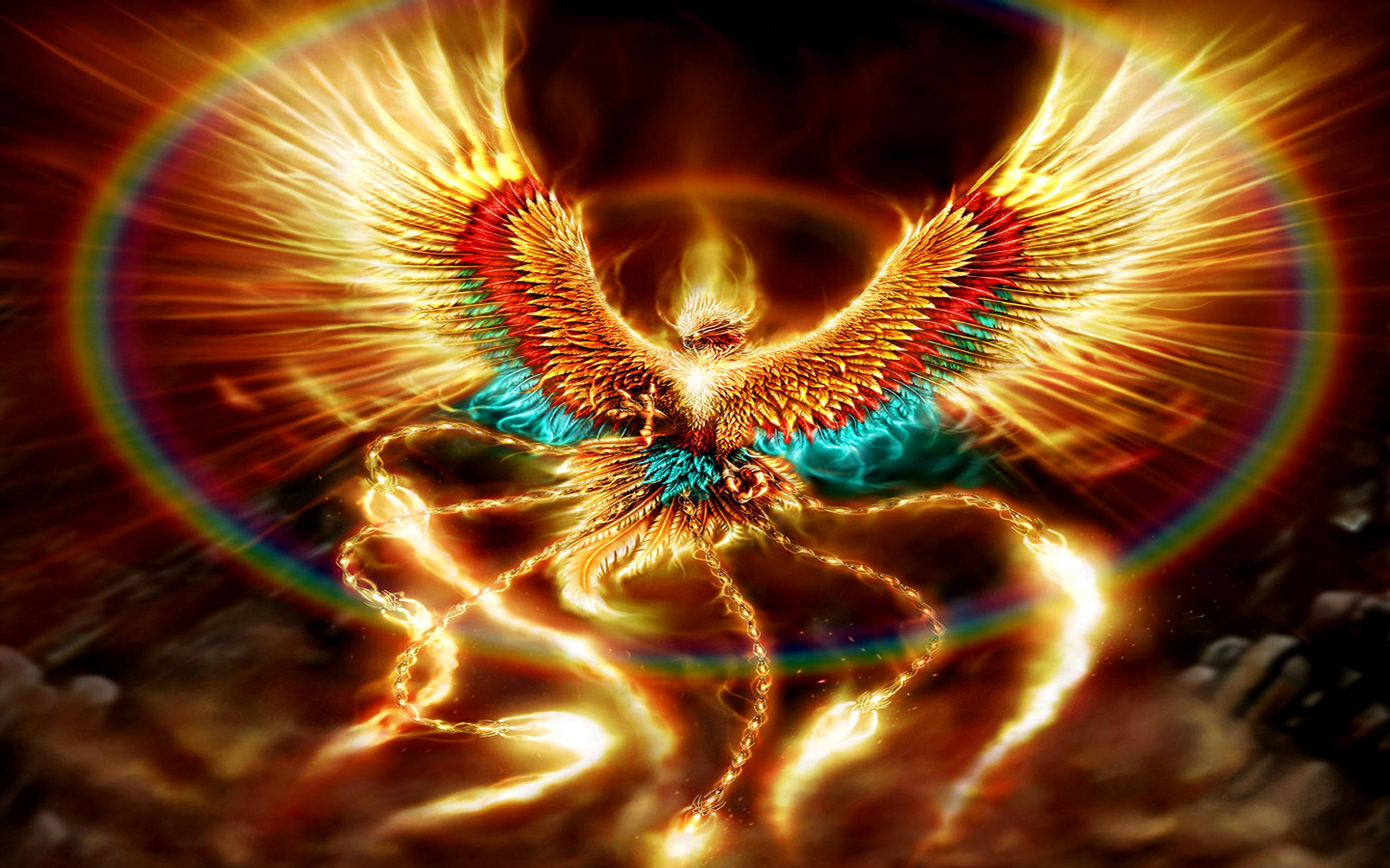 rainbow circle phoenix hd, rainbow halo, fiery wings, 2K Desktop Wallpaper