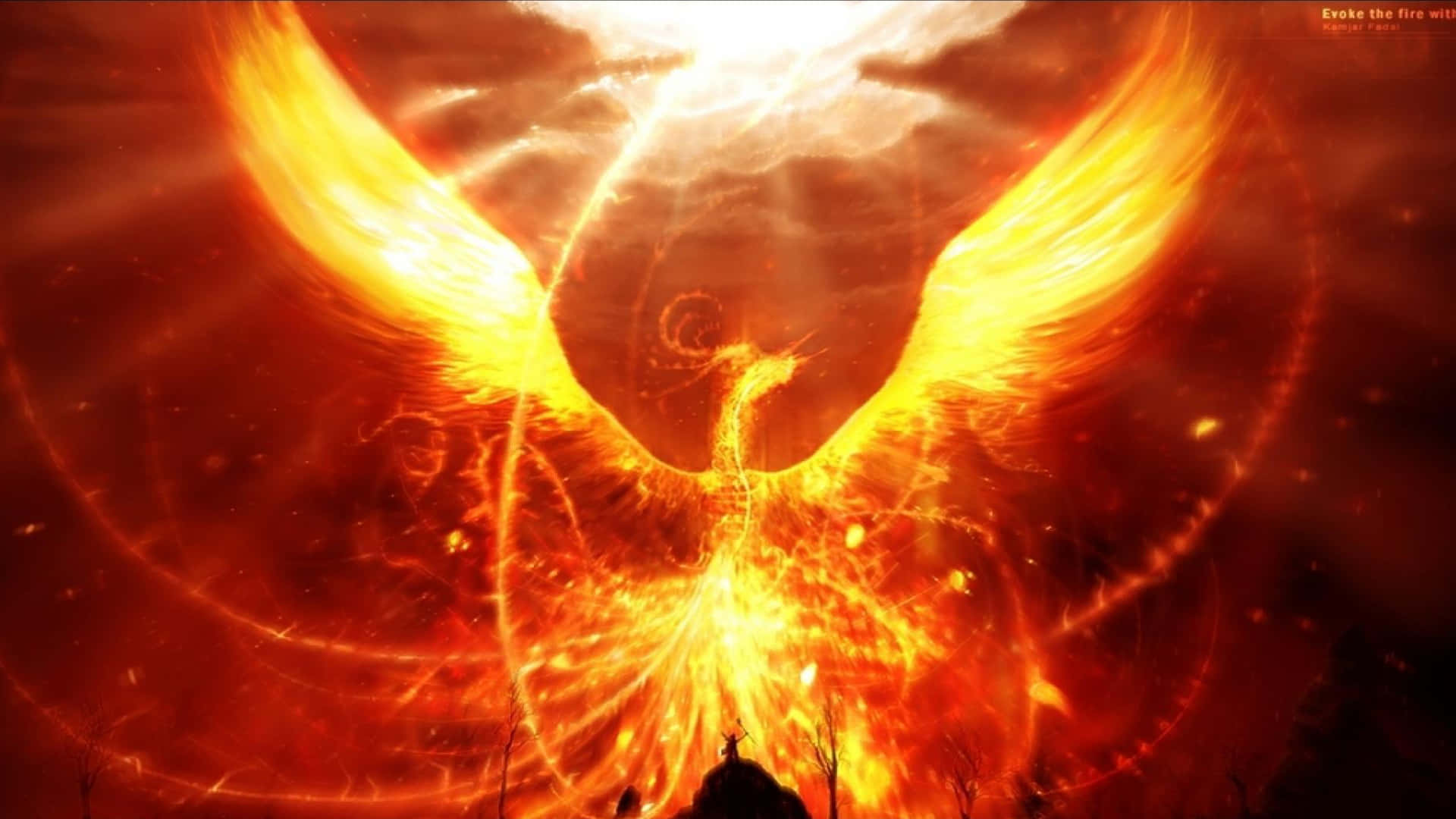 phoenix, blazing golden wings, fiery sky, Full HD Desktop Wallpaper