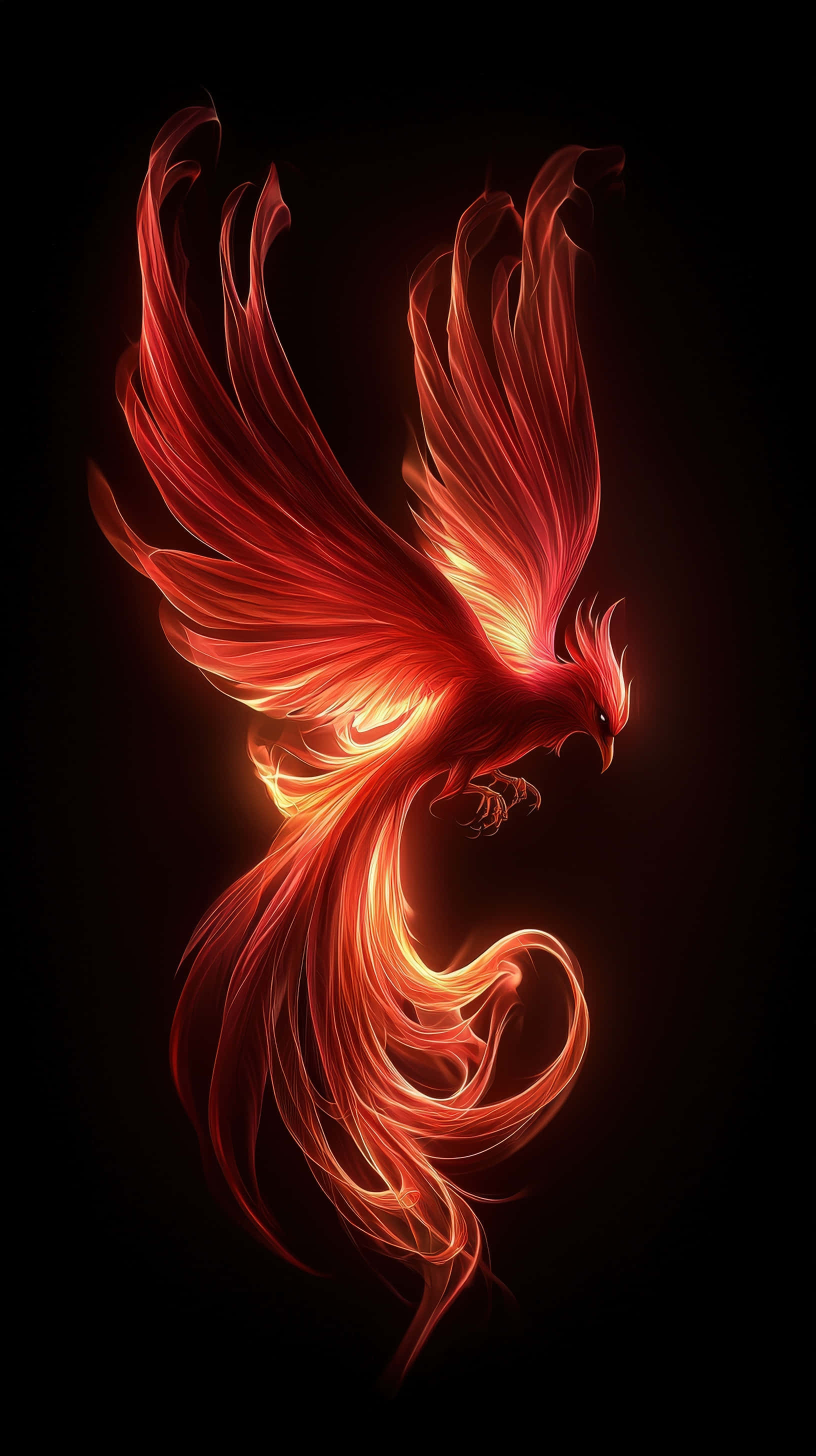 glowing phoenix, fiery wings, luminous red, 2K Phone Wallpaper