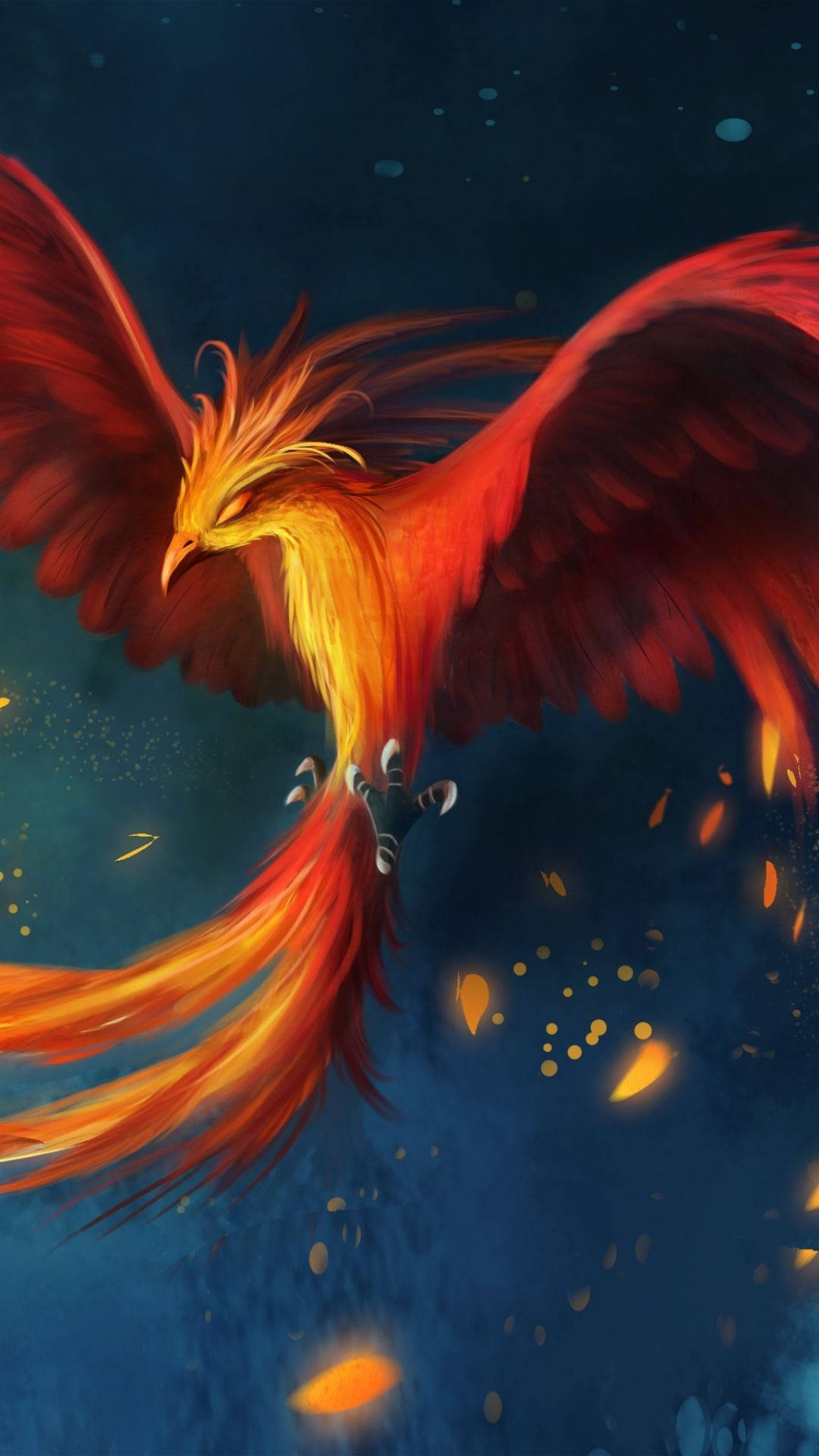 phoenix, fiery orange and red plumage, deep blue night sky, Full HD Phone Wallpaper