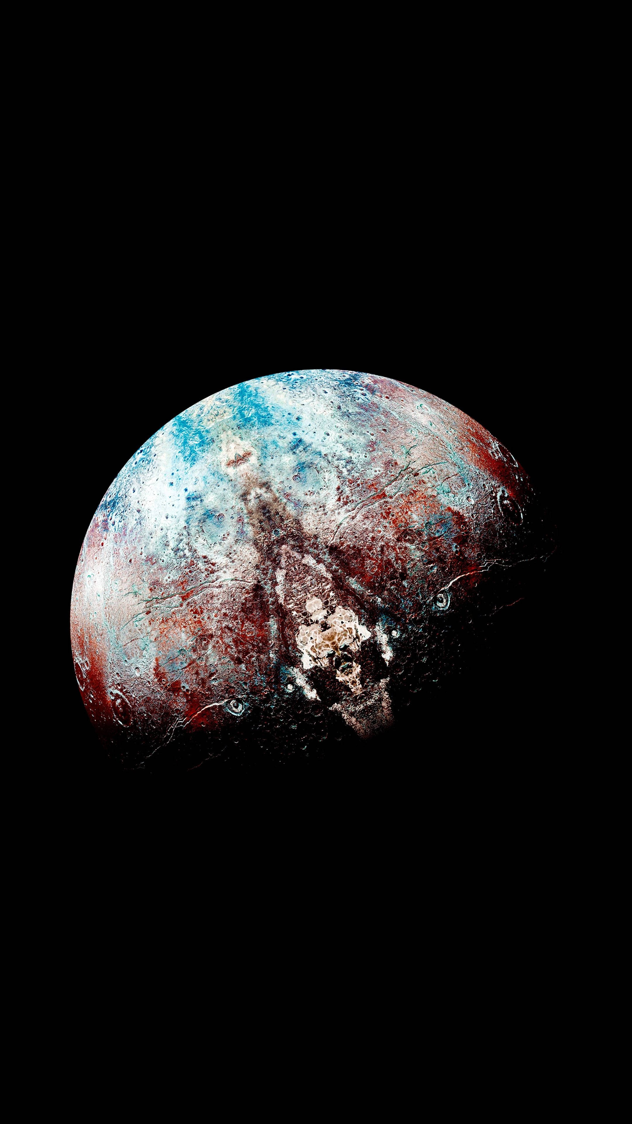 Planet 4K Ultra HD Dark Phone, swirling blue red and white patterns, stark black void, 4K Phone Wallpaper