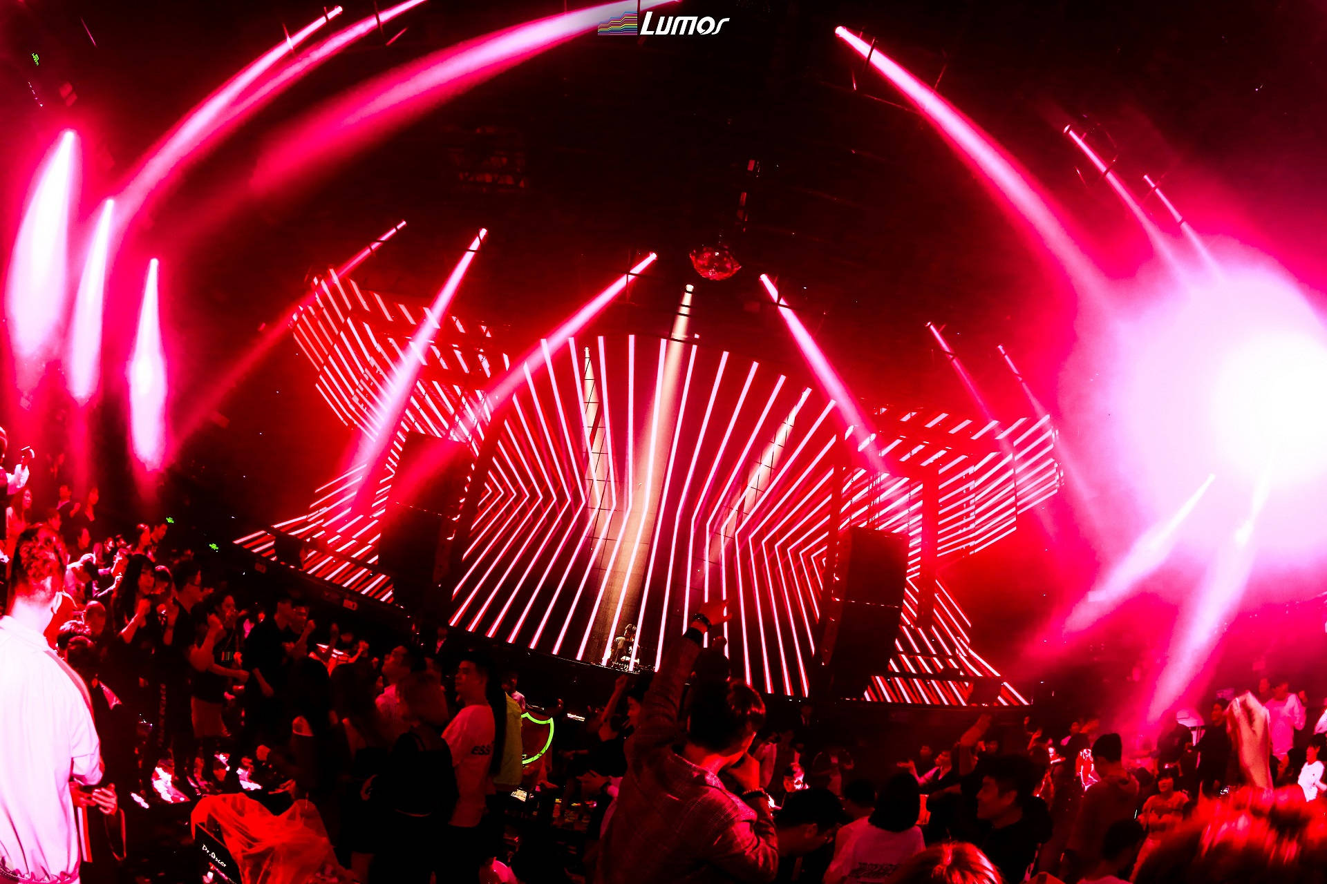 vibrant pink laser lights, high-energy nightclub stage, crowd dances, Full HD Desktop Wallpaper