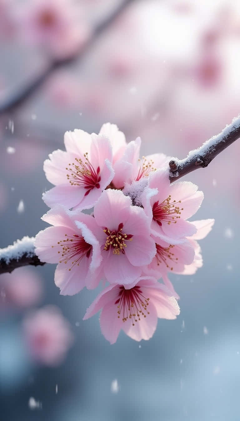pink cherry blossoms, snow, branch, HD Phone Wallpaper
