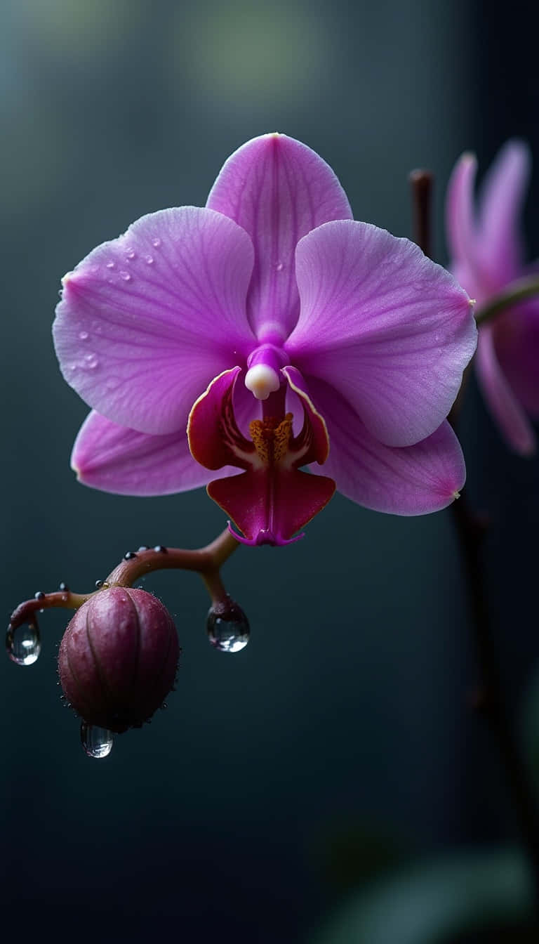 purple orchid, dew drops, dark blurred background, HD Phone Wallpaper