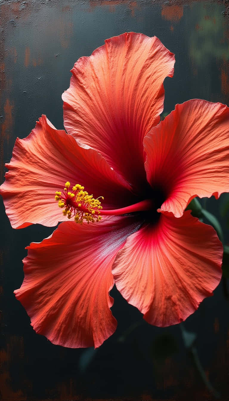 red hibiscus flower, yellow stamens, dark textured background, HD Phone Wallpaper