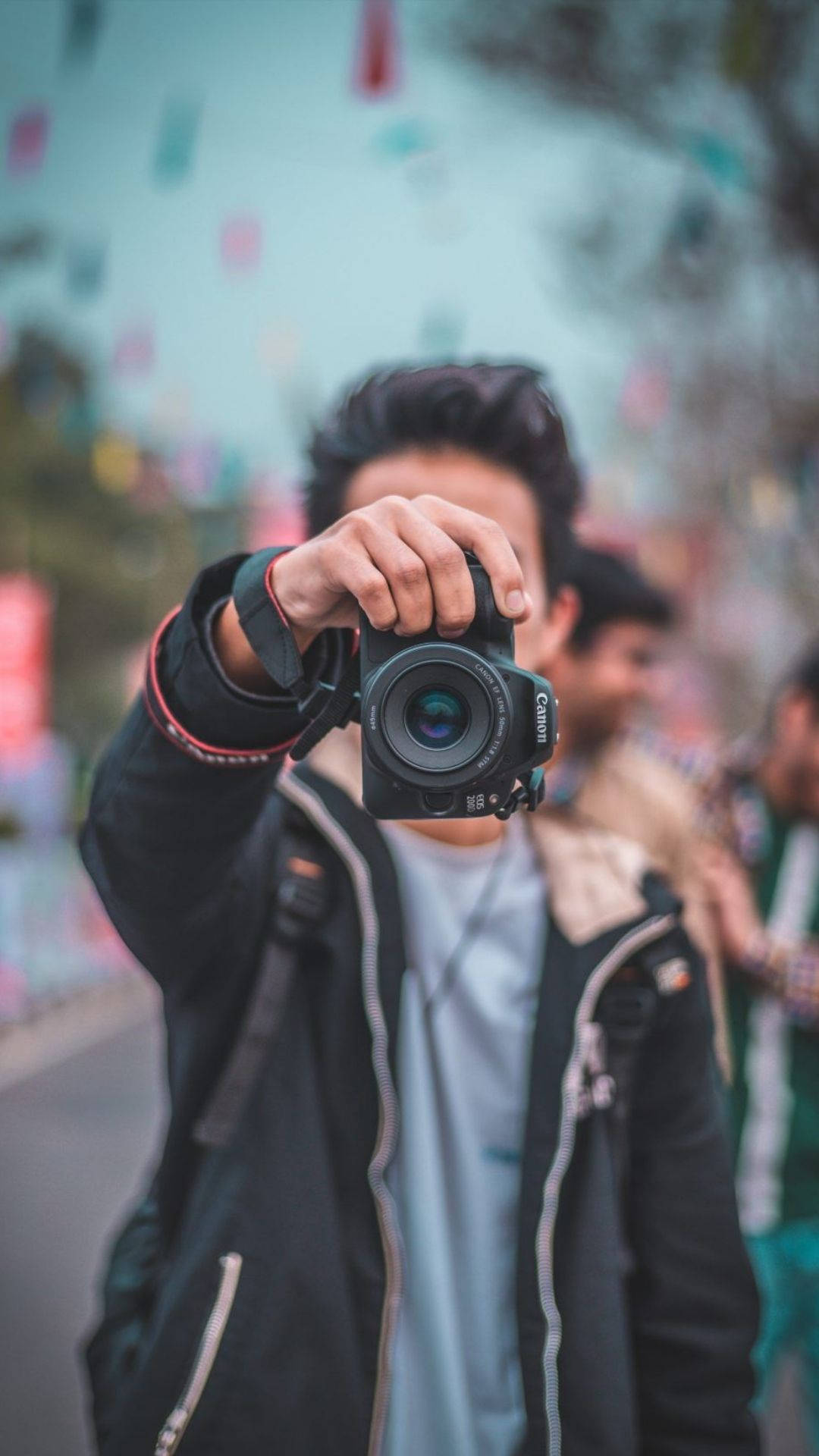 black Canon camera, bustling street scene, colorful blurred background, Full HD Phone Wallpaper