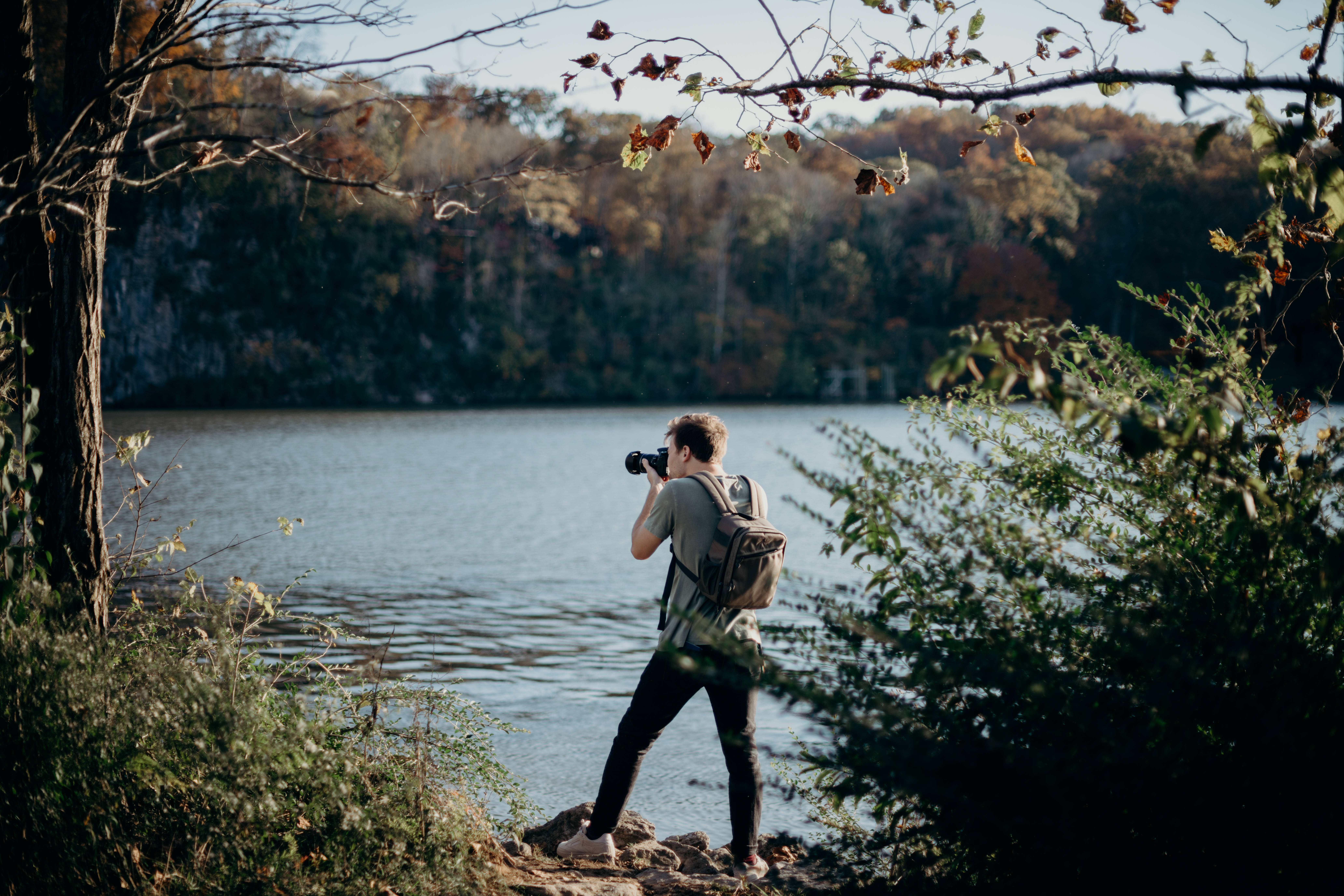 photographer, backpack, lake, 8K Desktop Wallpaper