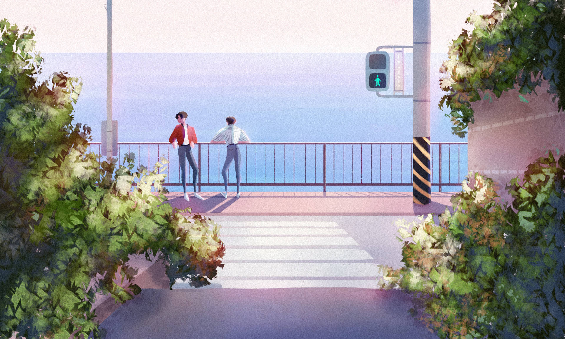 seaside crosswalk, lush green bushes, soft pastel sky, Full HD Desktop Wallpaper