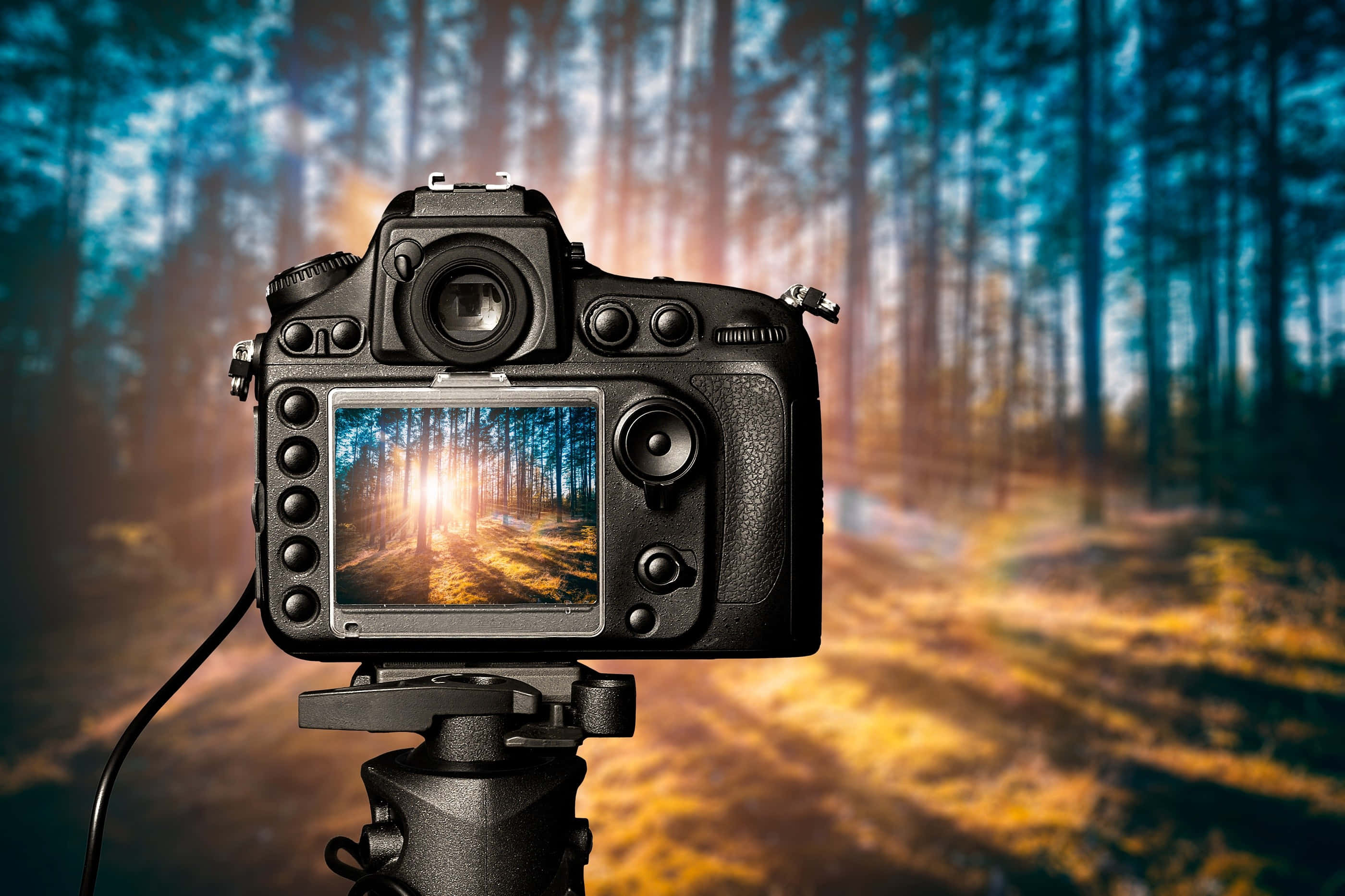 DSLR camera, tripod, sunlit forest path, 2K Desktop Wallpaper