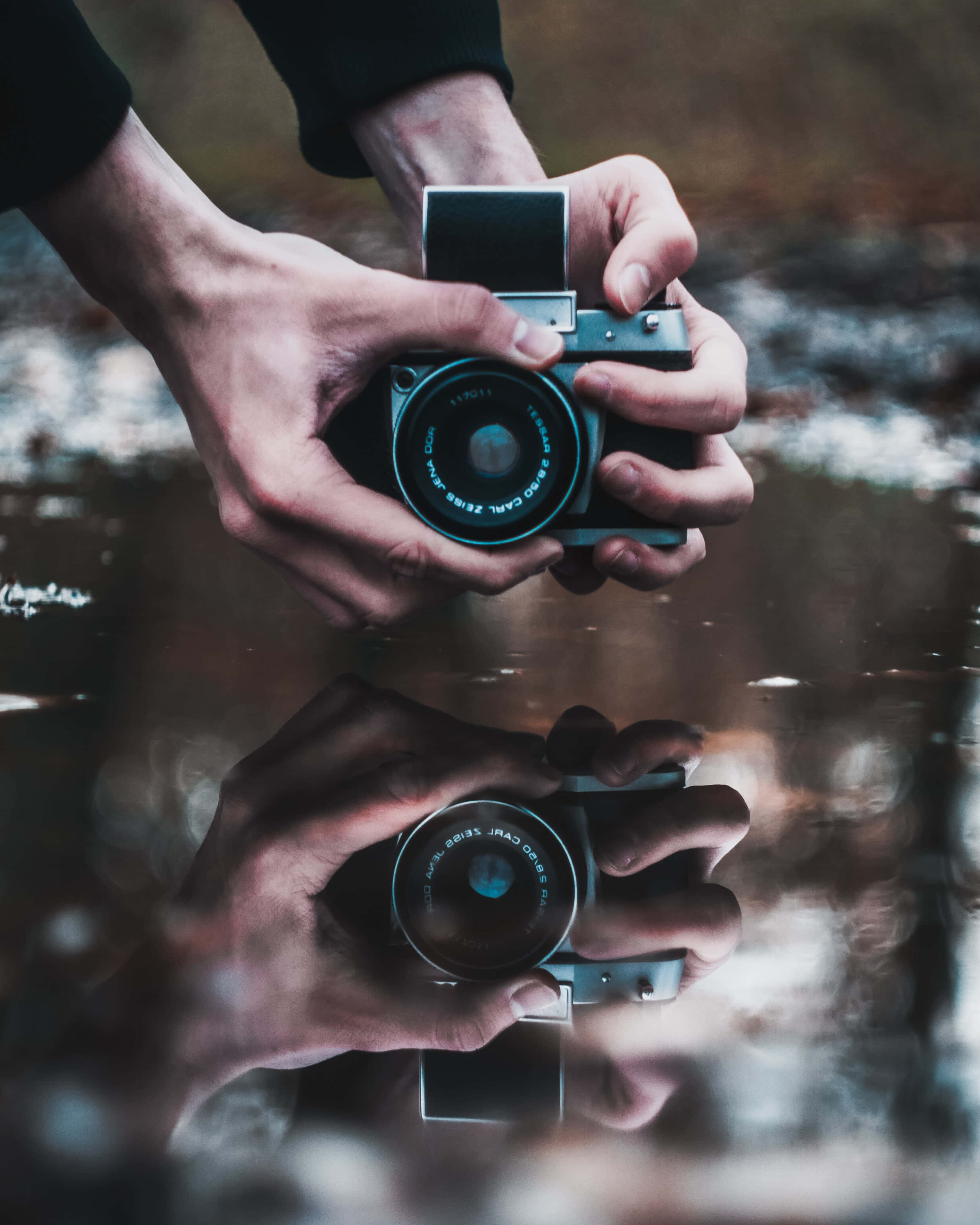 vintage camera, water, mirrored reflection, 4K Phone Wallpaper