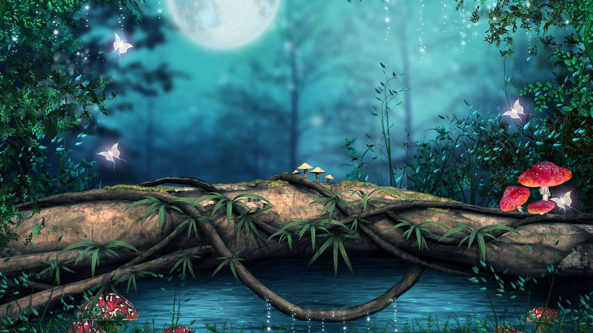 mystical forest, glowing mushrooms, fireflies, Full HD Desktop Wallpaper