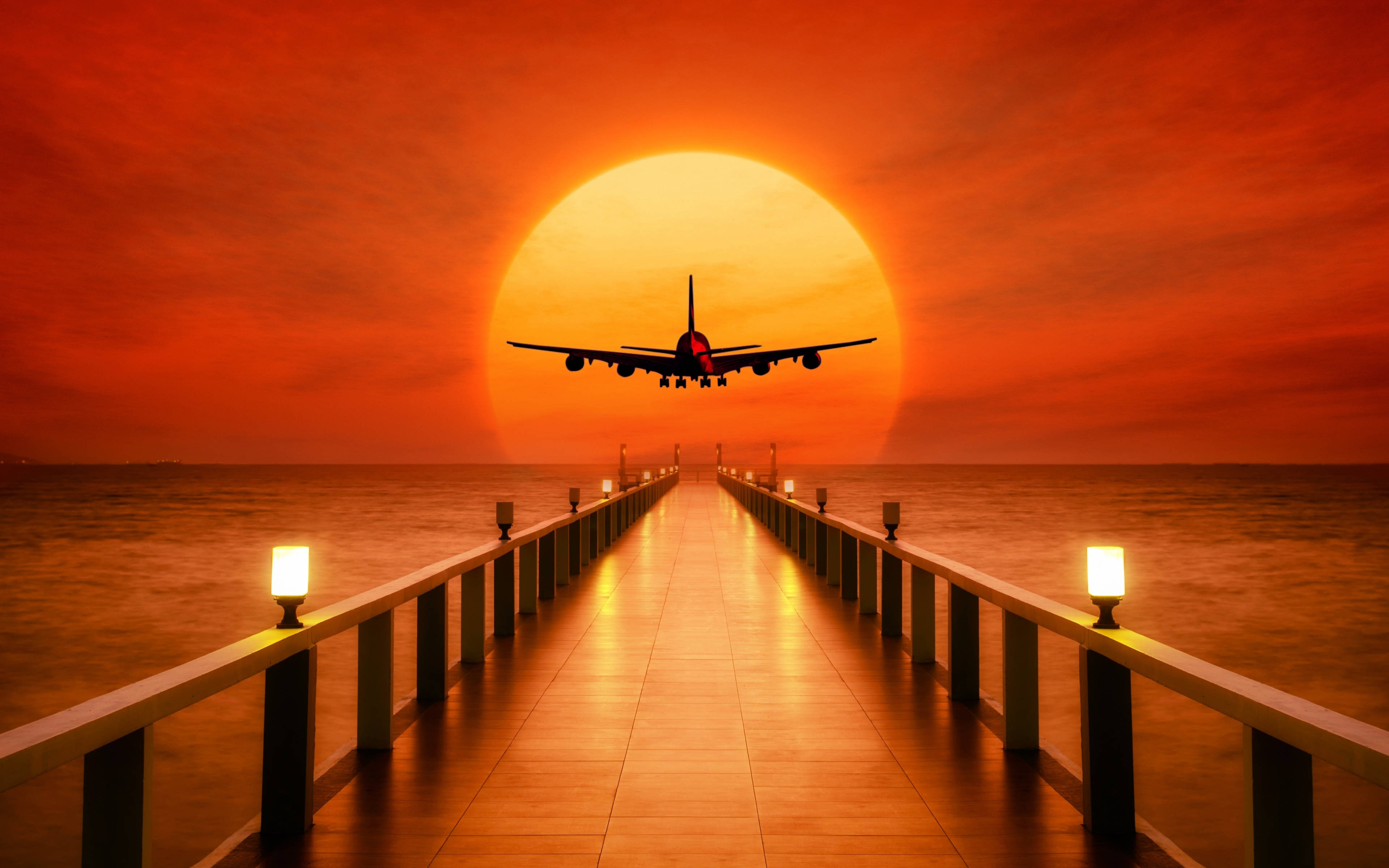airplane, sunset, orange sun, 4K Desktop Wallpaper