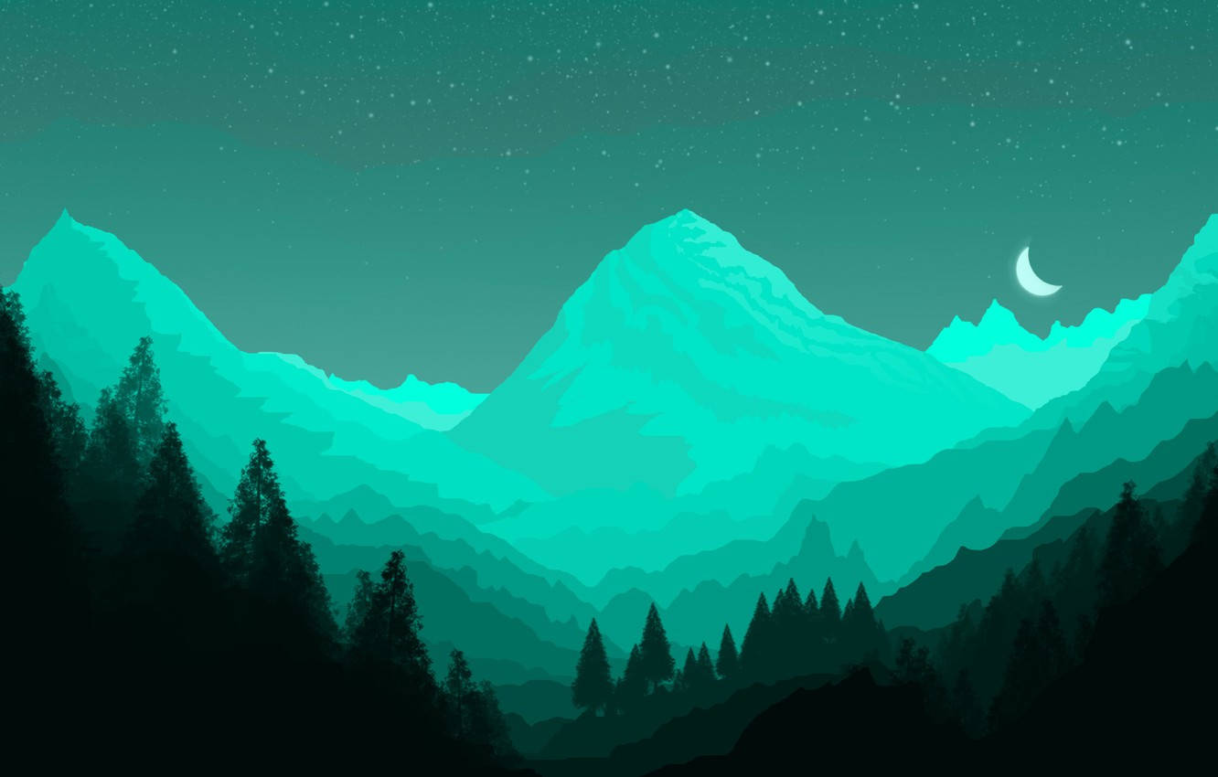 mountainous forest, starry sky, crescent moon, HD Desktop Wallpaper
