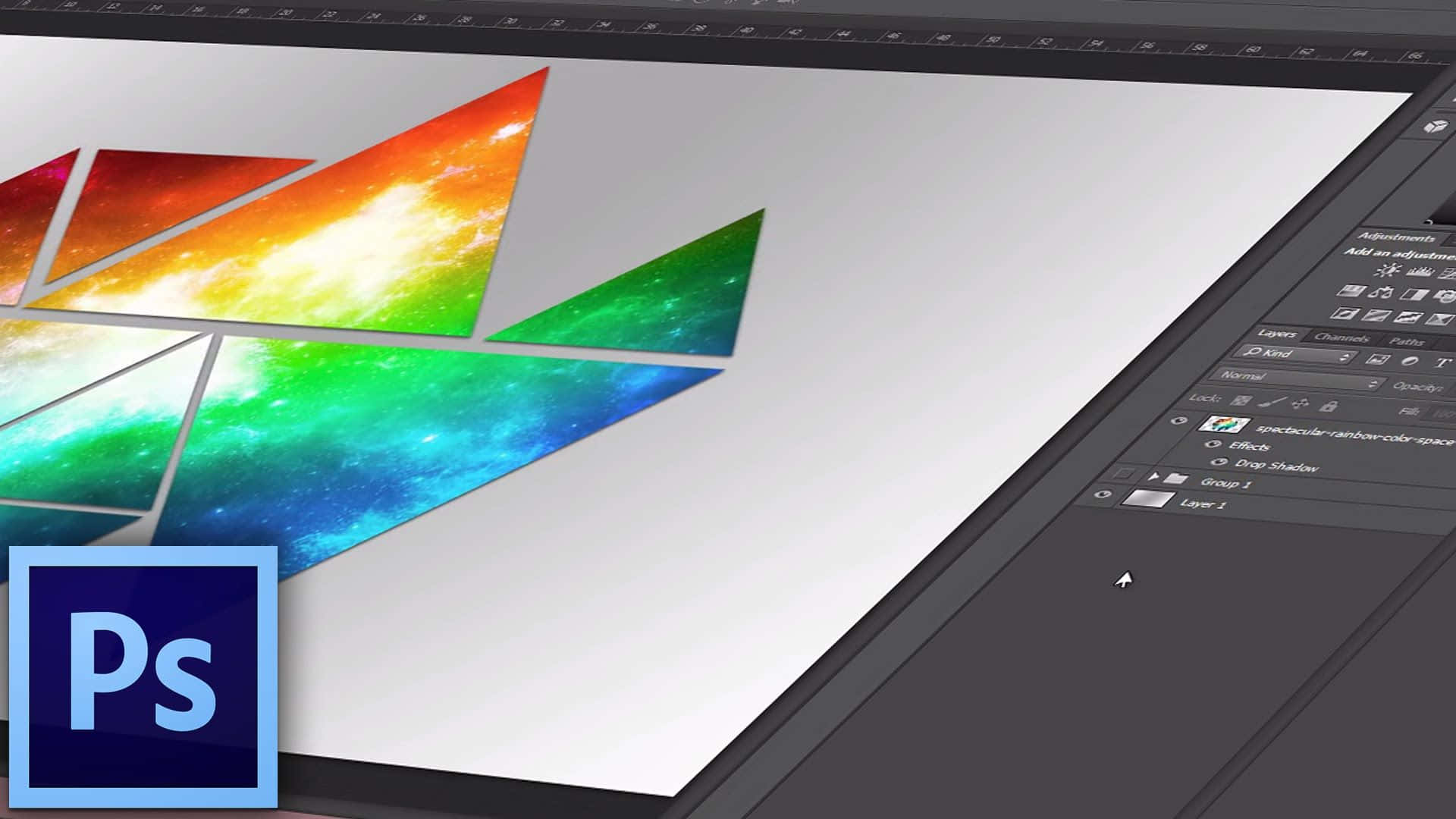 Photoshop, colorful triangular segments, vibrant abstract galaxy design, Full HD Desktop Wallpaper