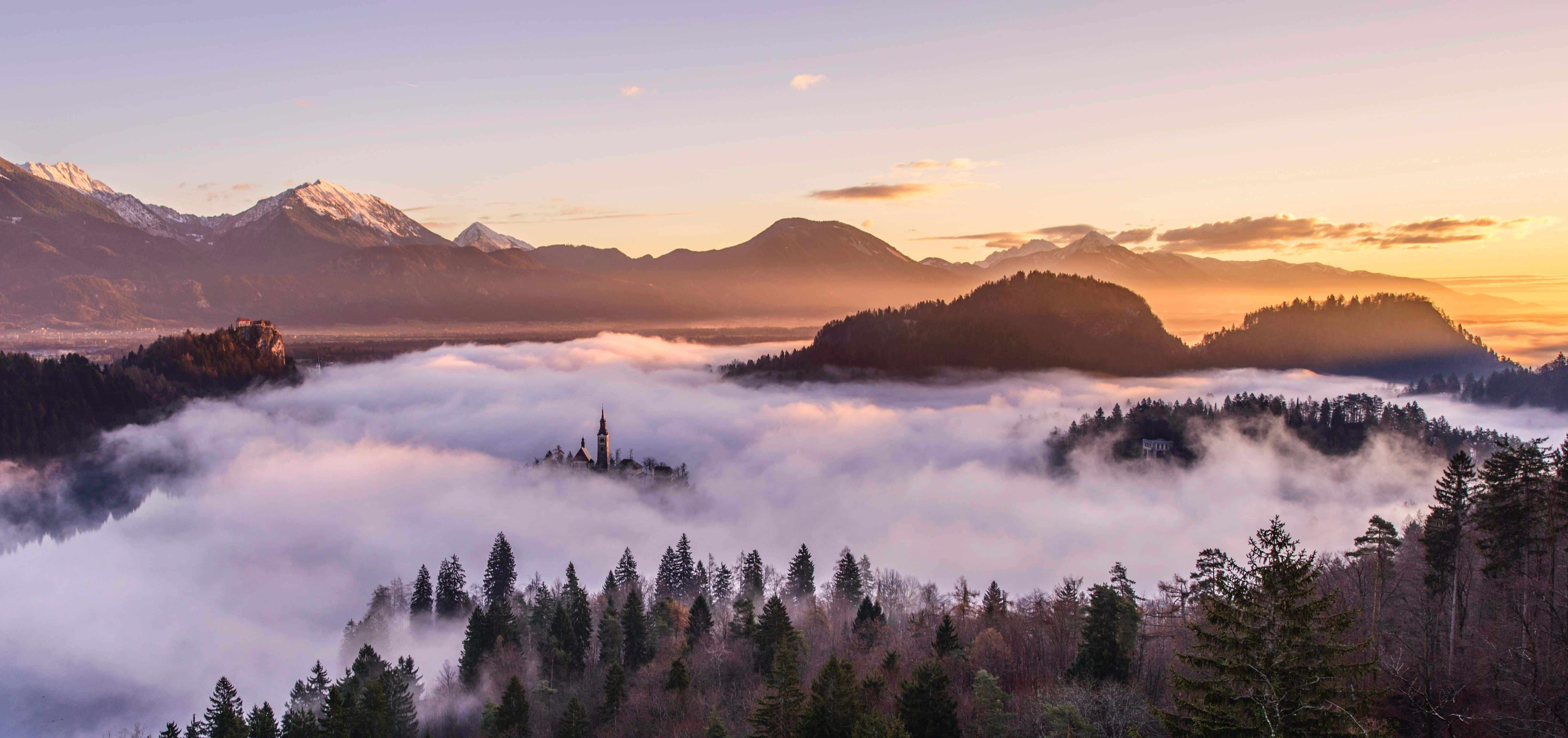 Photography Desktop, church spire, sea of mist, 5K Desktop Wallpaper