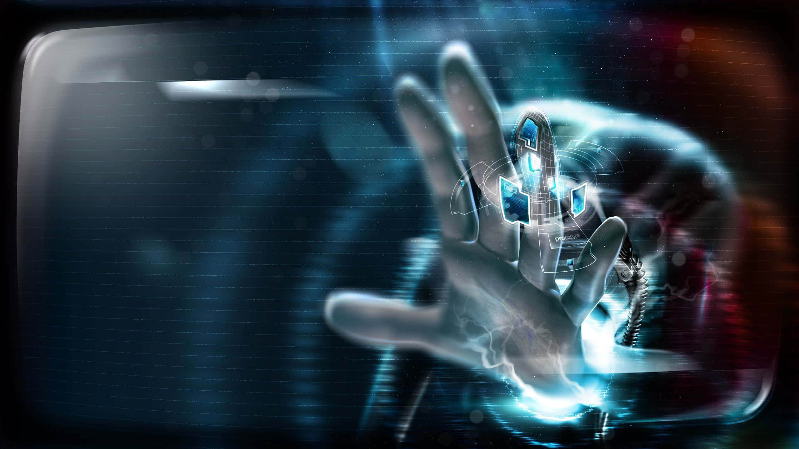 cybernetic hand, glowing blue holographic interface, dark digital space, 2K Desktop Wallpaper