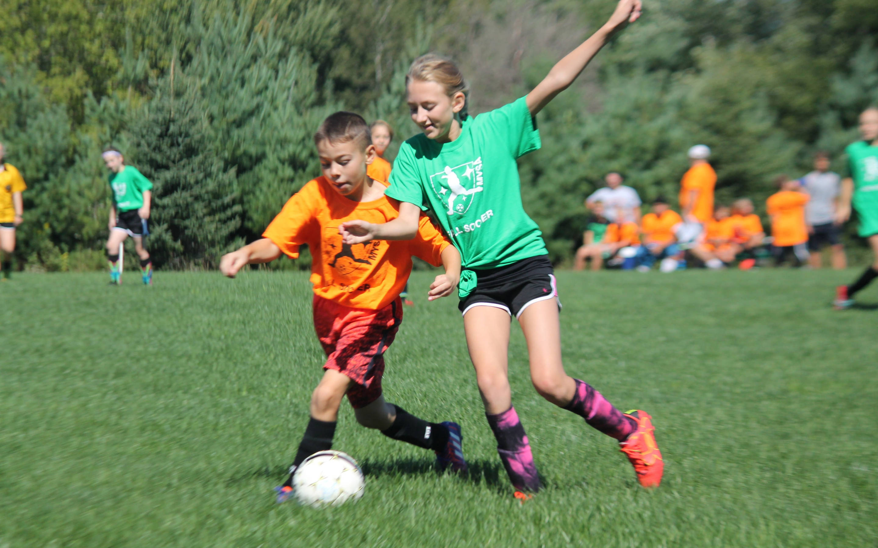 kids, soccer players, vibrant green field, 2K Desktop Wallpaper