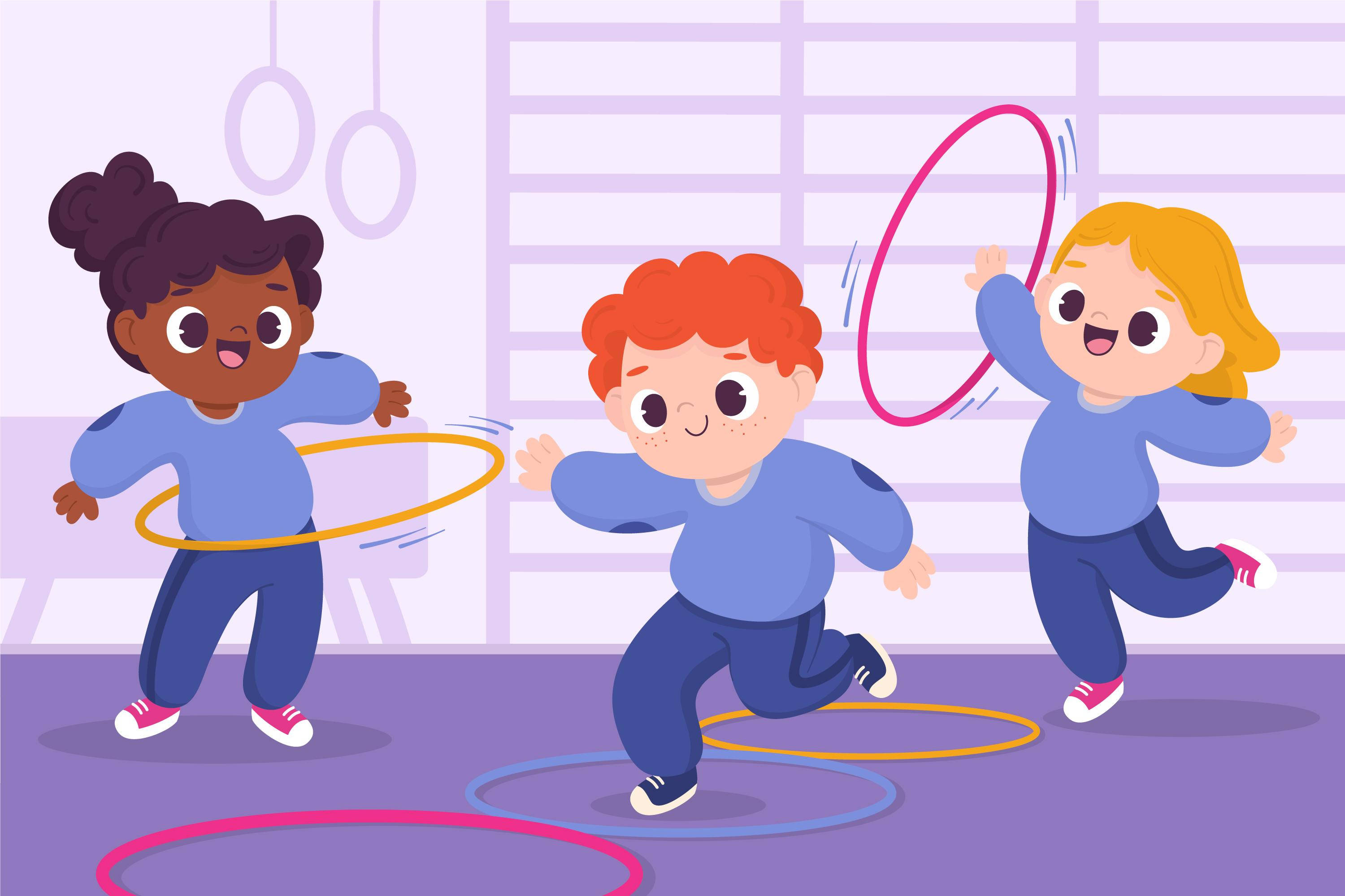 Violet Physical Education Vector, gymnasium, colorful hula hoops, 2K Desktop Wallpaper