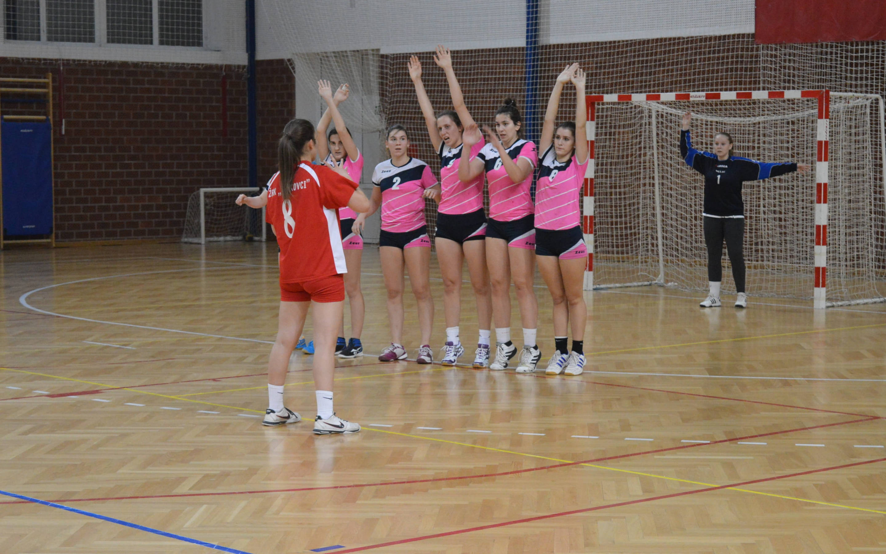 pink jerseys, handball team, wooden-floored gymnasium, 2K Desktop Wallpaper