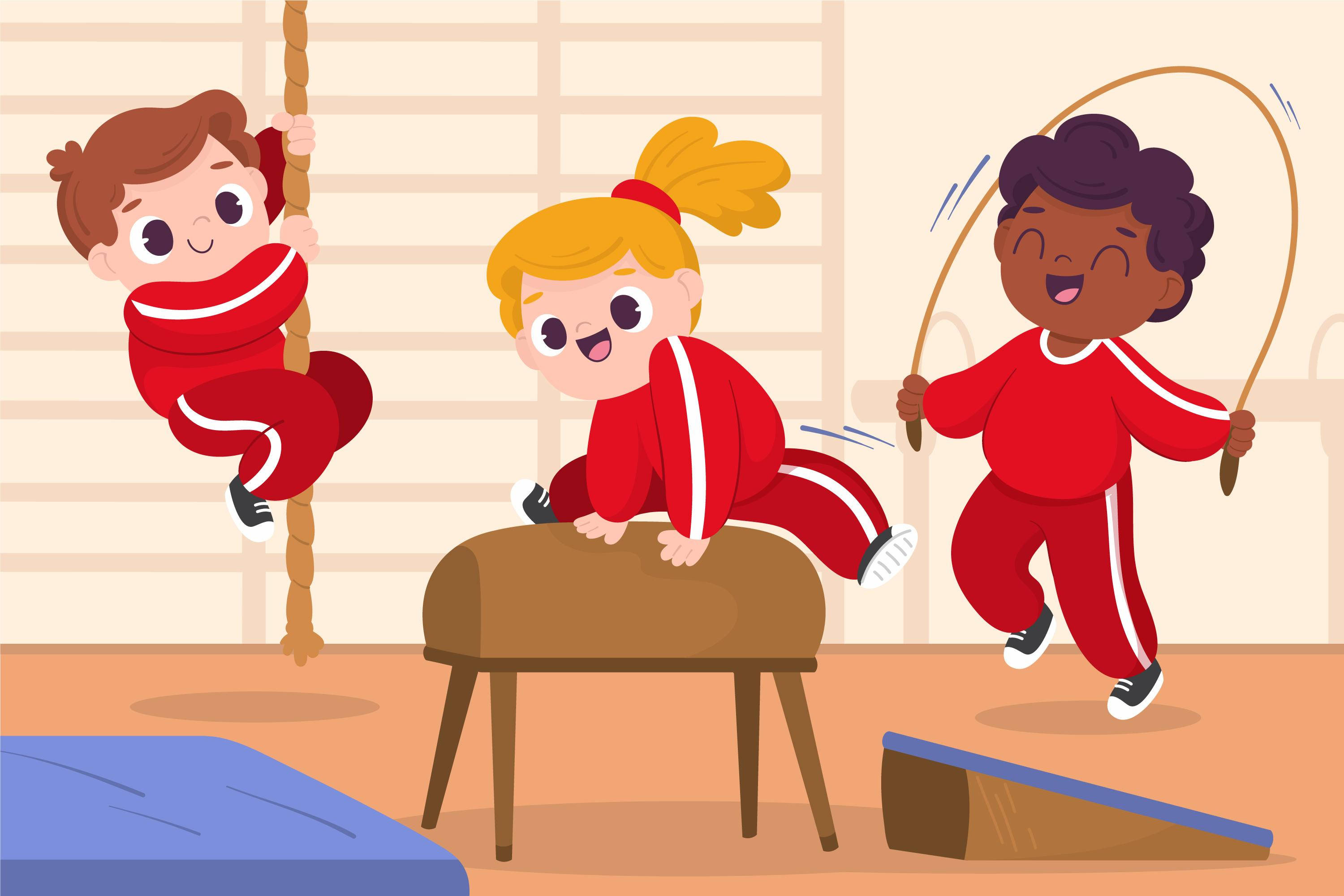 red tracksuits, gymnasium floor, rope climb, 2K Desktop Wallpaper