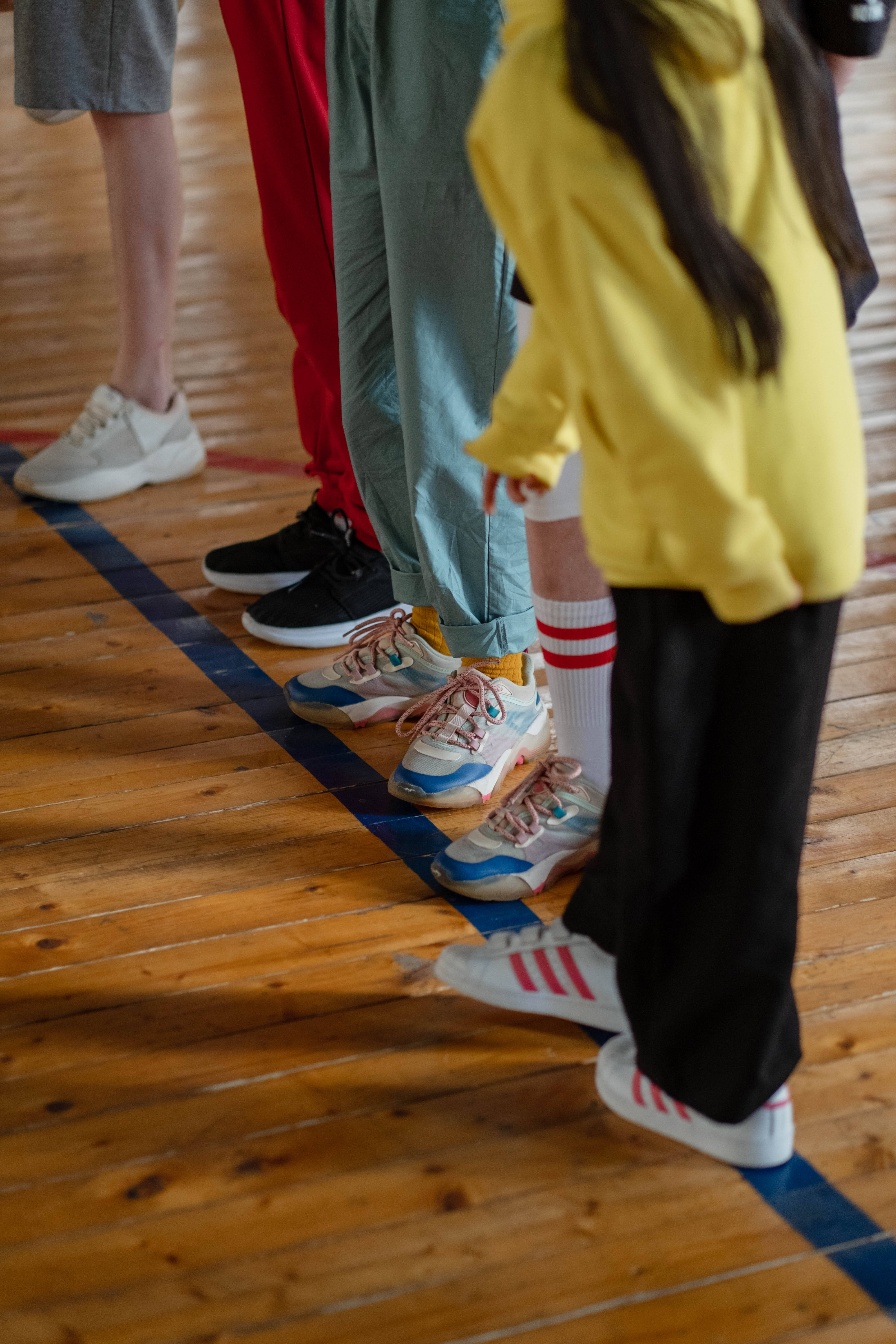 Physical Education, wooden gym floor, blue boundary lines, 5K Phone Wallpaper