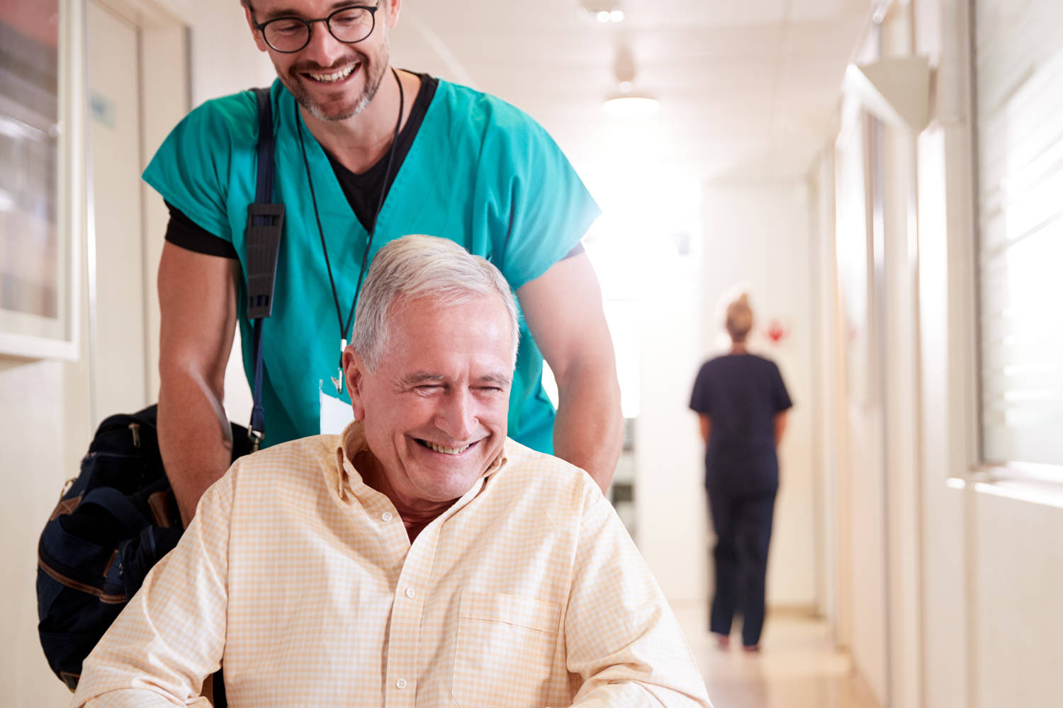 young nurse, elderly man, wheelchair, HD Desktop Wallpaper