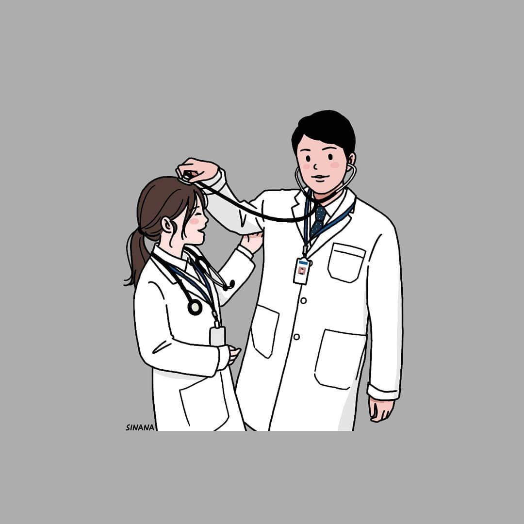 Physician Couple Digital Cartoon, white coats, stethoscope, SD Desktop Wallpaper