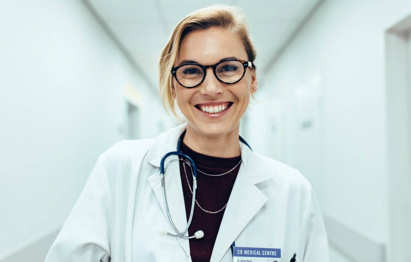 female doctor, white lab coat, glasses, HD Desktop Wallpaper