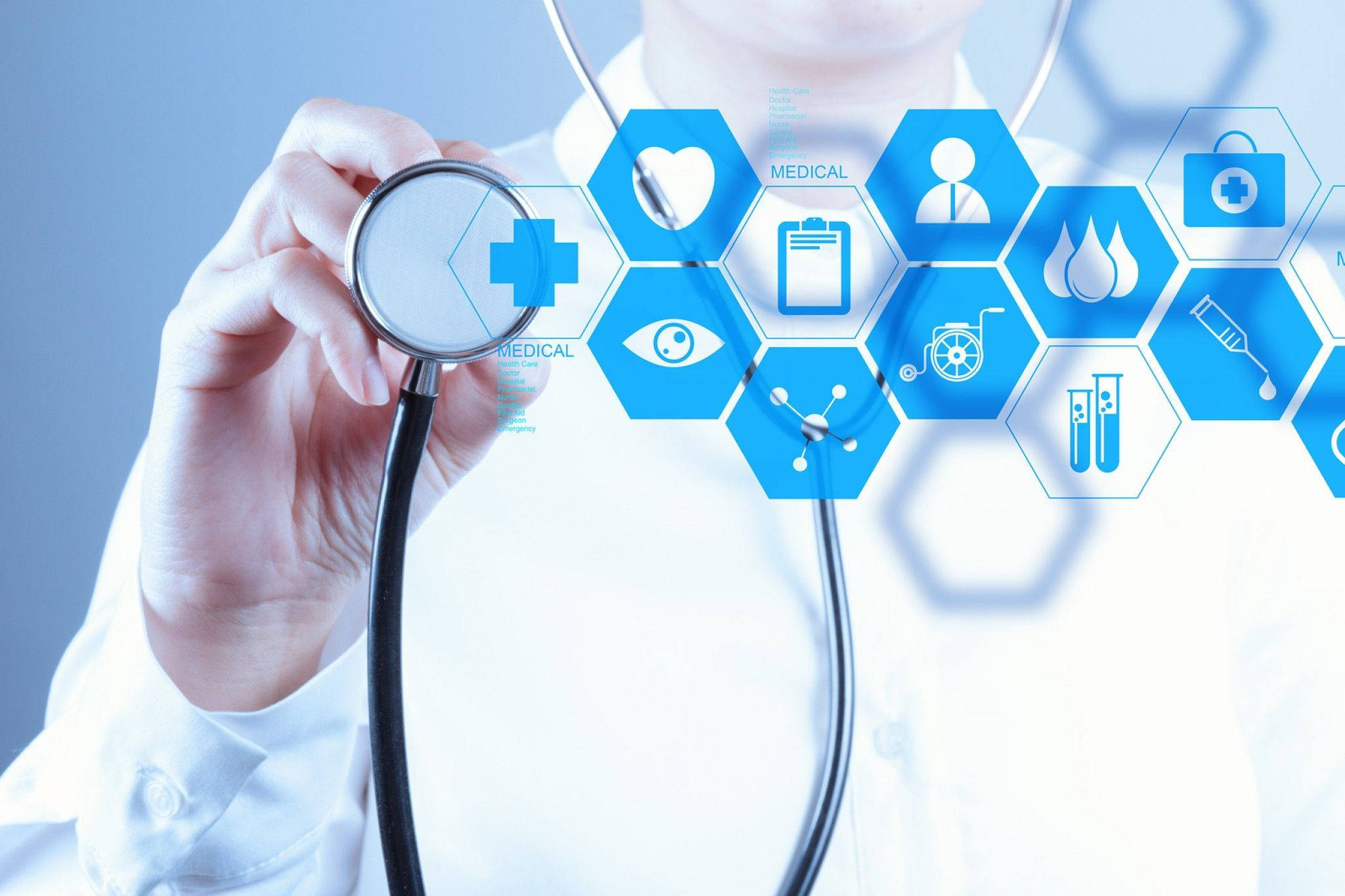Physician, stethoscope, blue hexagonal medical icons, Full HD Desktop Wallpaper