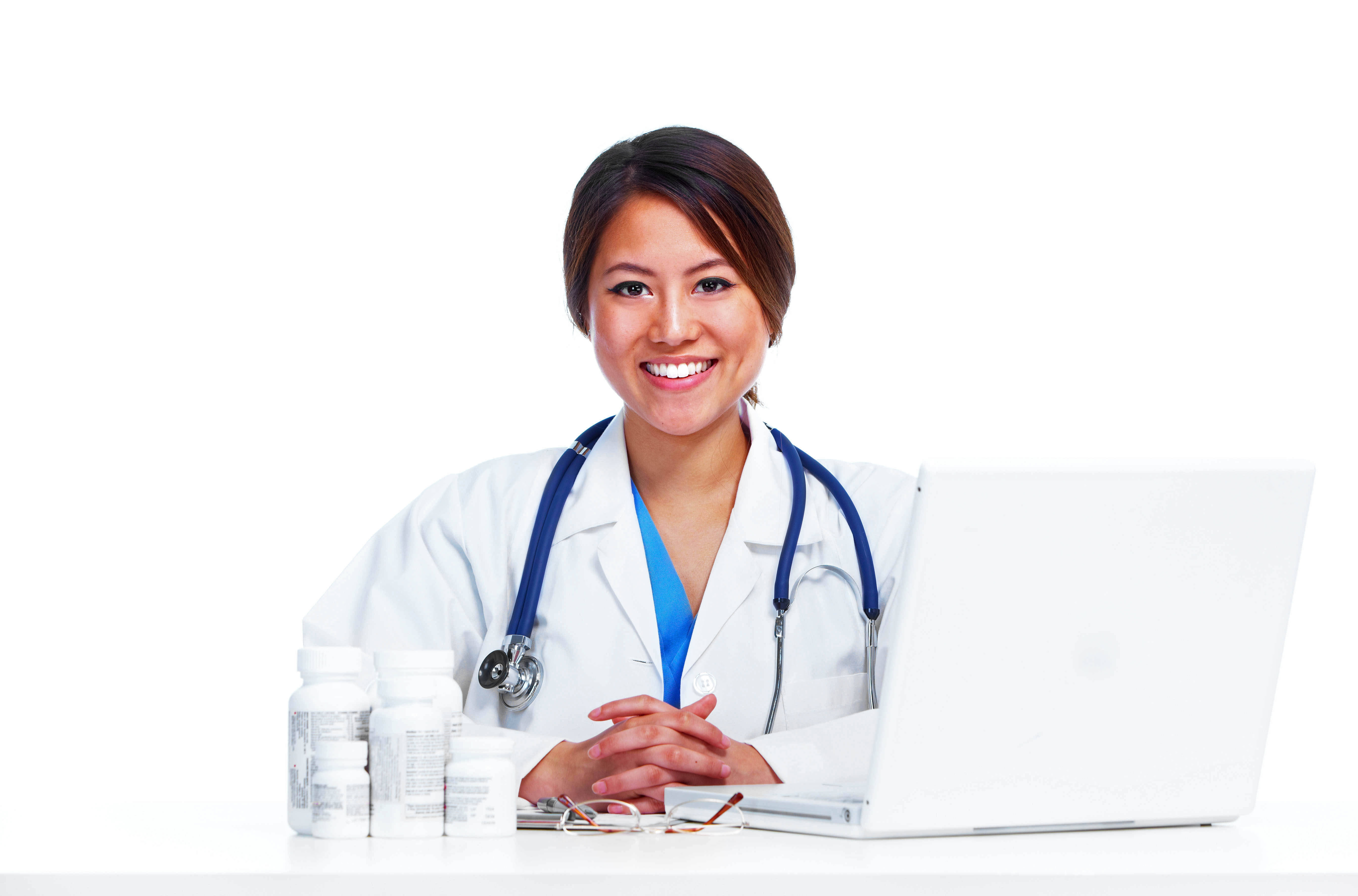 female doctor, white coat, stethoscope, 5K Desktop Wallpaper