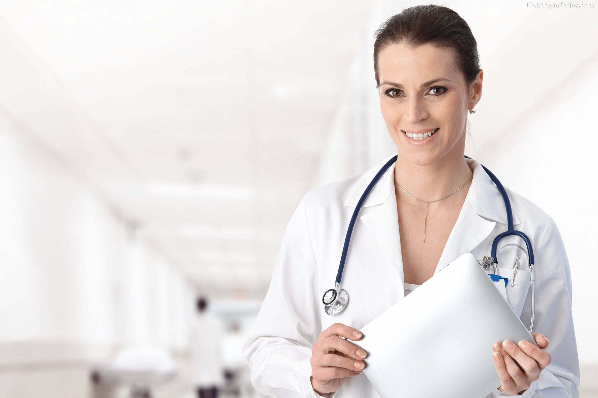 female doctor, white coat, clipboard, Full HD Desktop Wallpaper