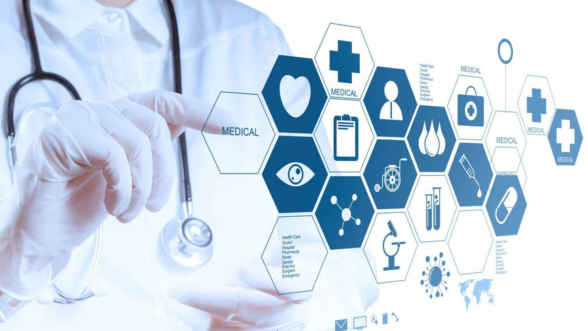 Physician, digital touch screen, glowing hexagonal medical data interface, Full HD Desktop Wallpaper