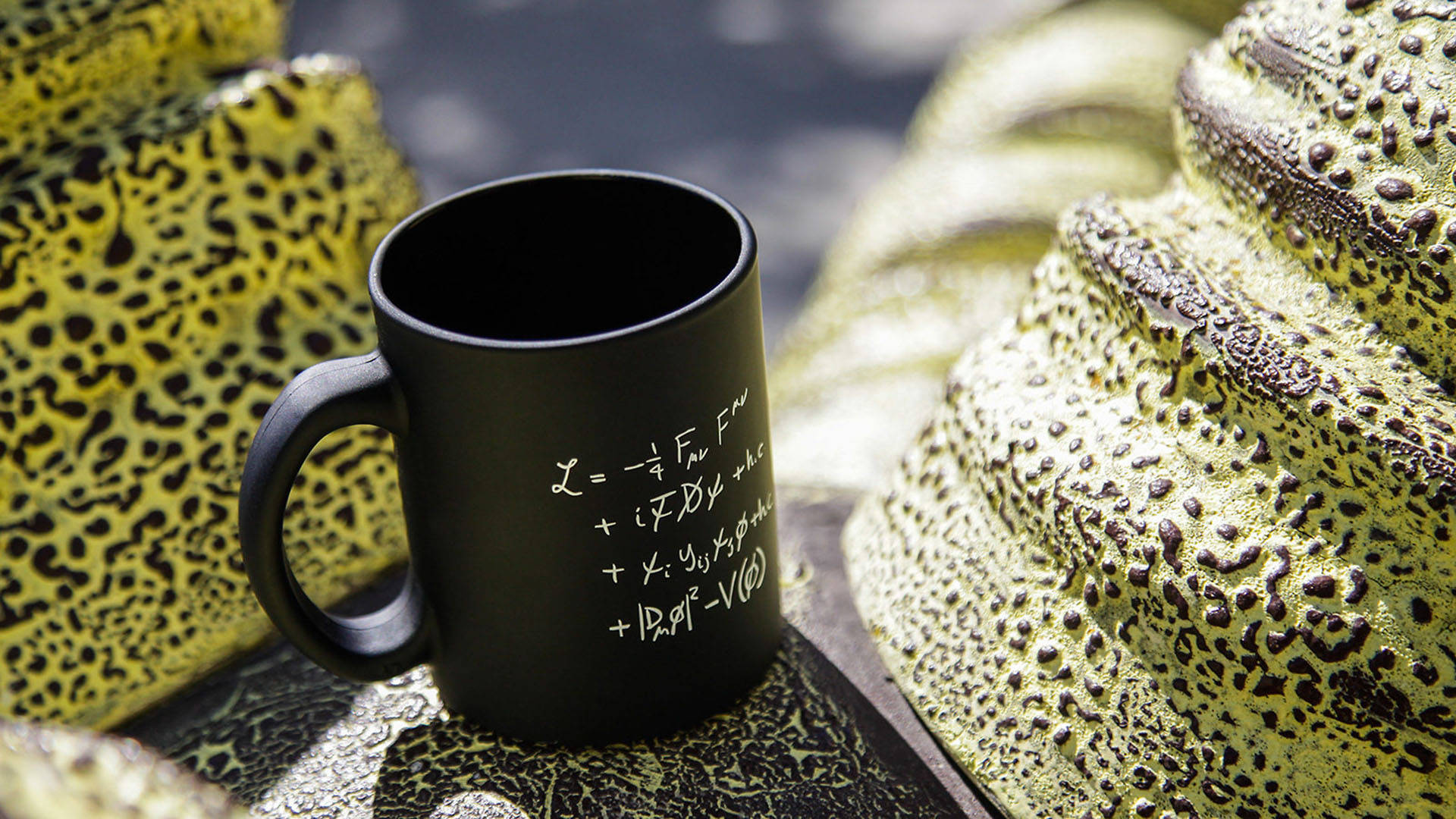 matte black mug, white physics equations, textured green and black leopard-print surface, Full HD Desktop Wallpaper