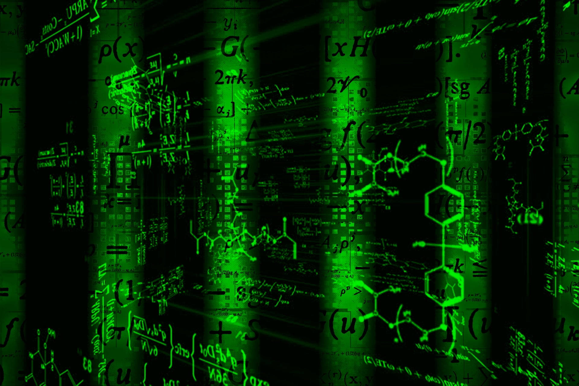 green glowing, mathematical equations, chemical formulas, Full HD Desktop Wallpaper
