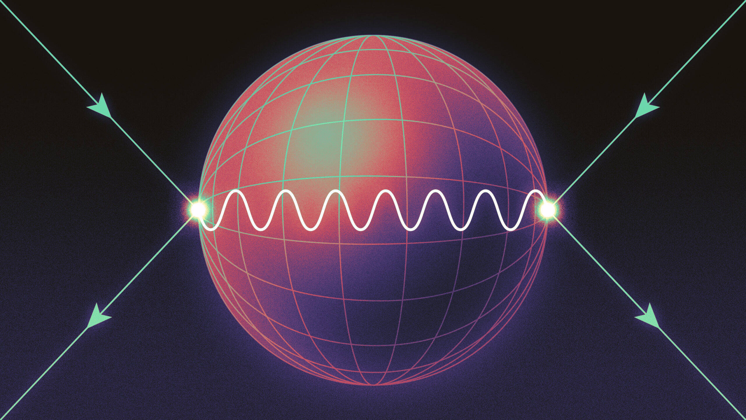glowing grid sphere, white sine wave, teal arrows, 2K Desktop Wallpaper