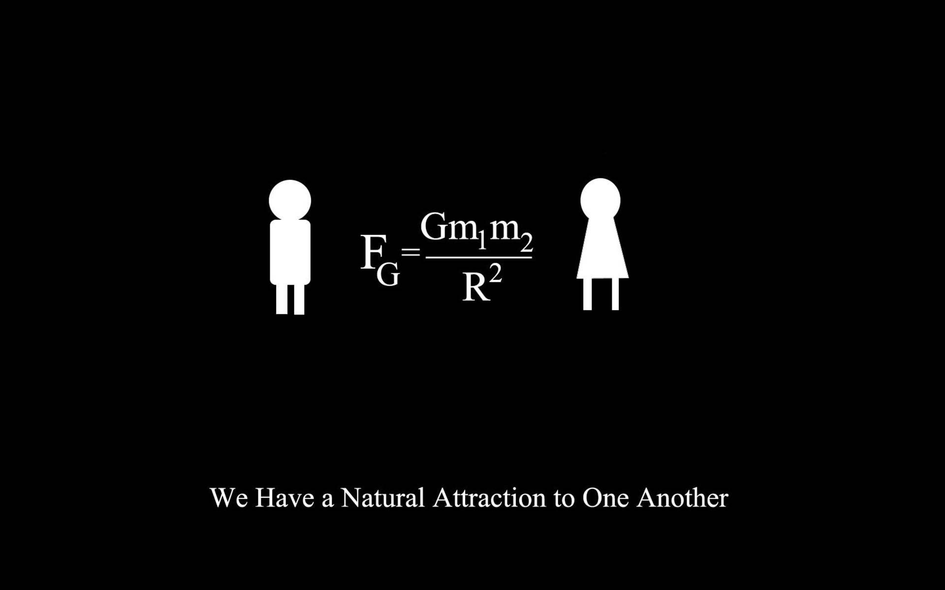 Newton's gravity formula, white stick figures, black background, Full HD Desktop Wallpaper