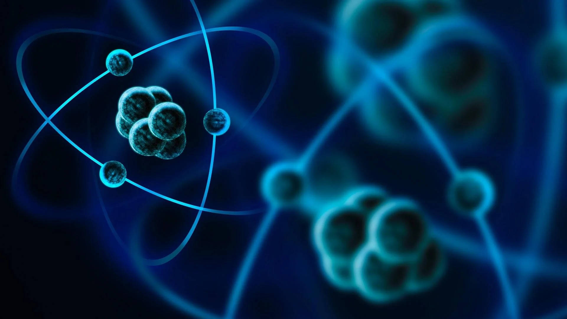 theoretical physics, blue atoms, glowing blue atomic structures, Full HD Desktop Wallpaper