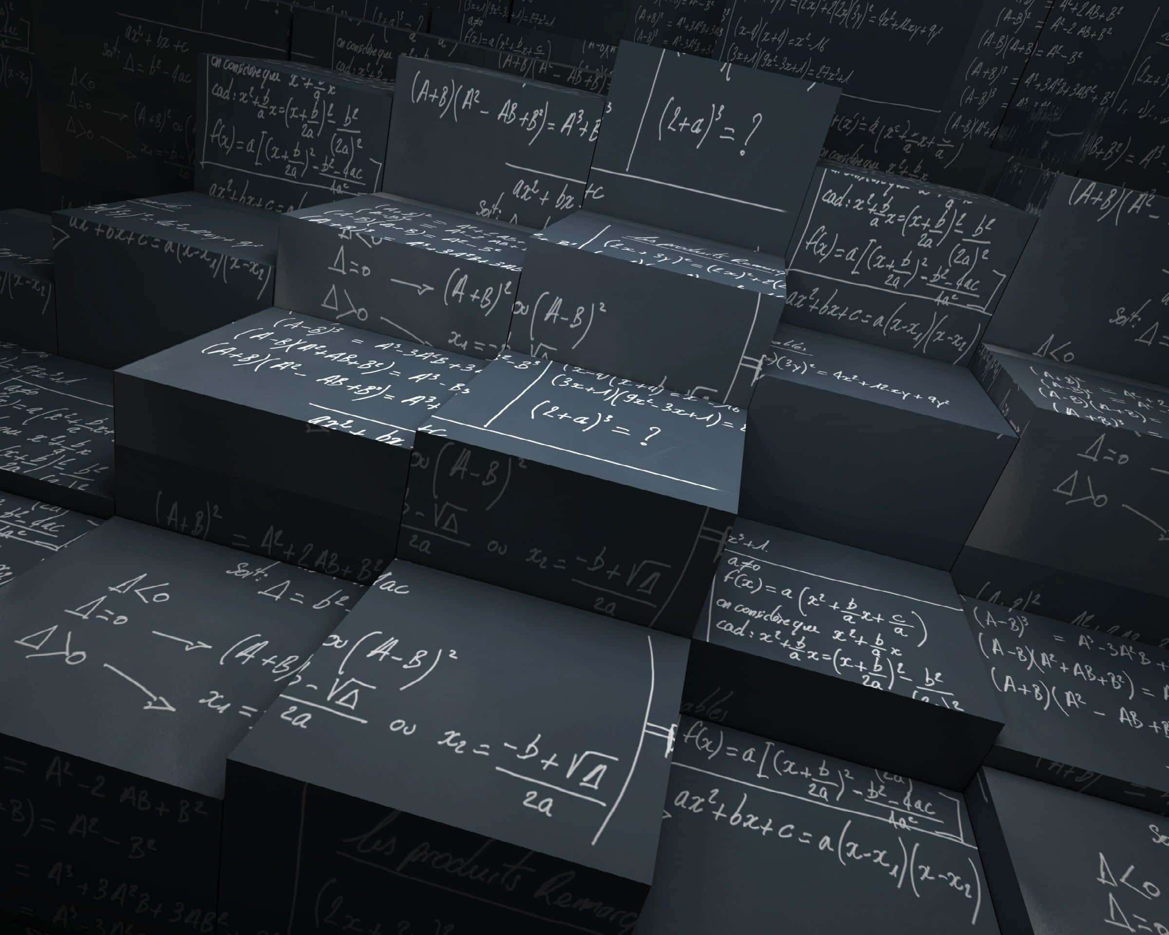 physics cubes formulas, dark gray blocks, glowing white mathematical equations, Full HD Desktop Wallpaper